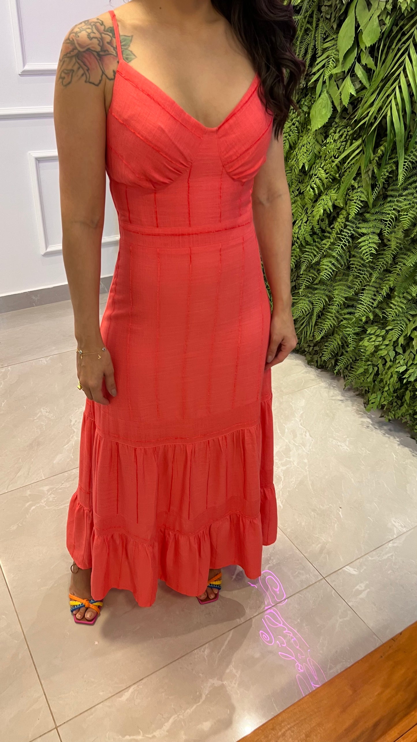 Vestido Midi Linho Listrado - Rosa