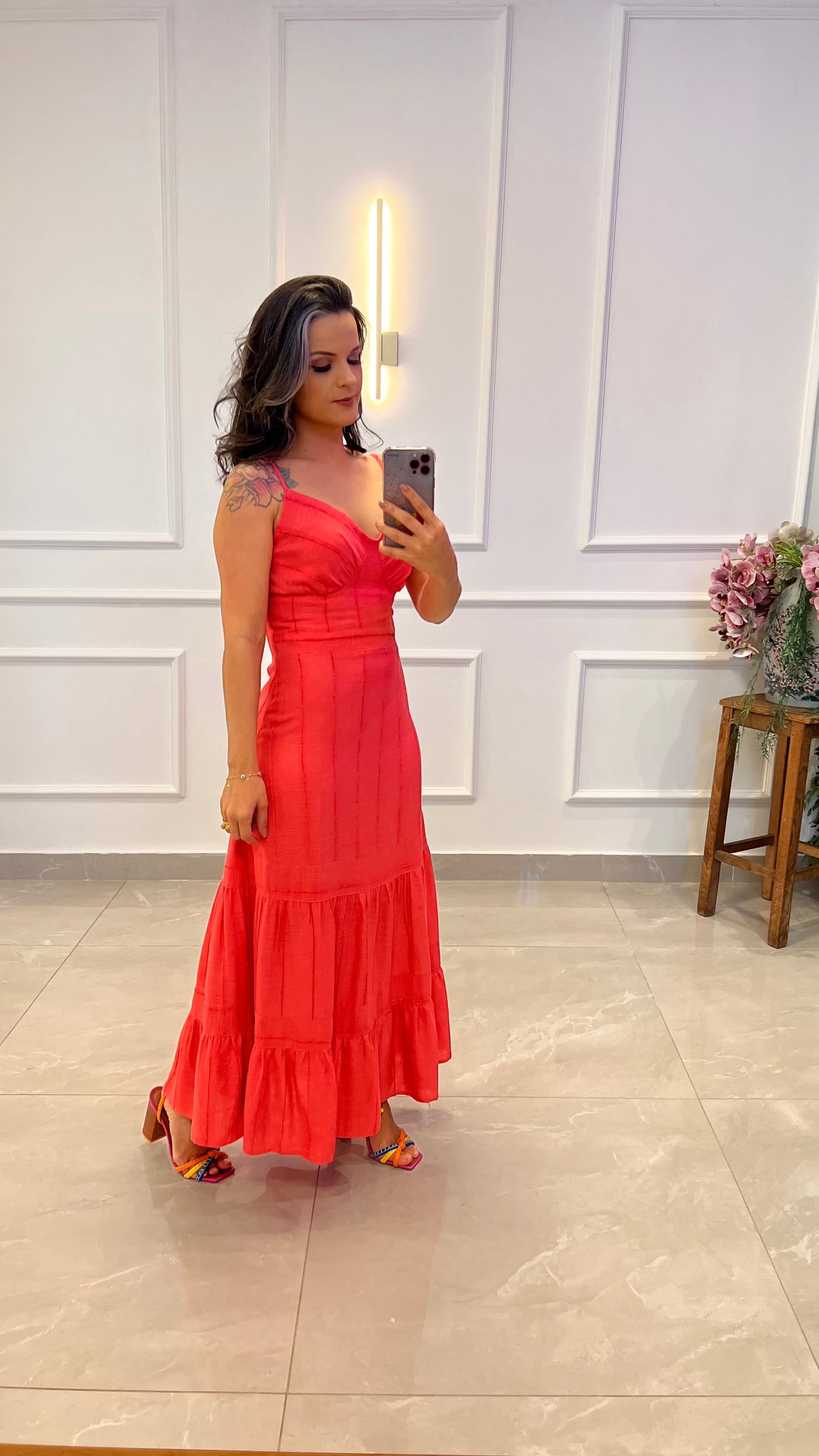 Vestido Midi Linho Listrado - Rosa