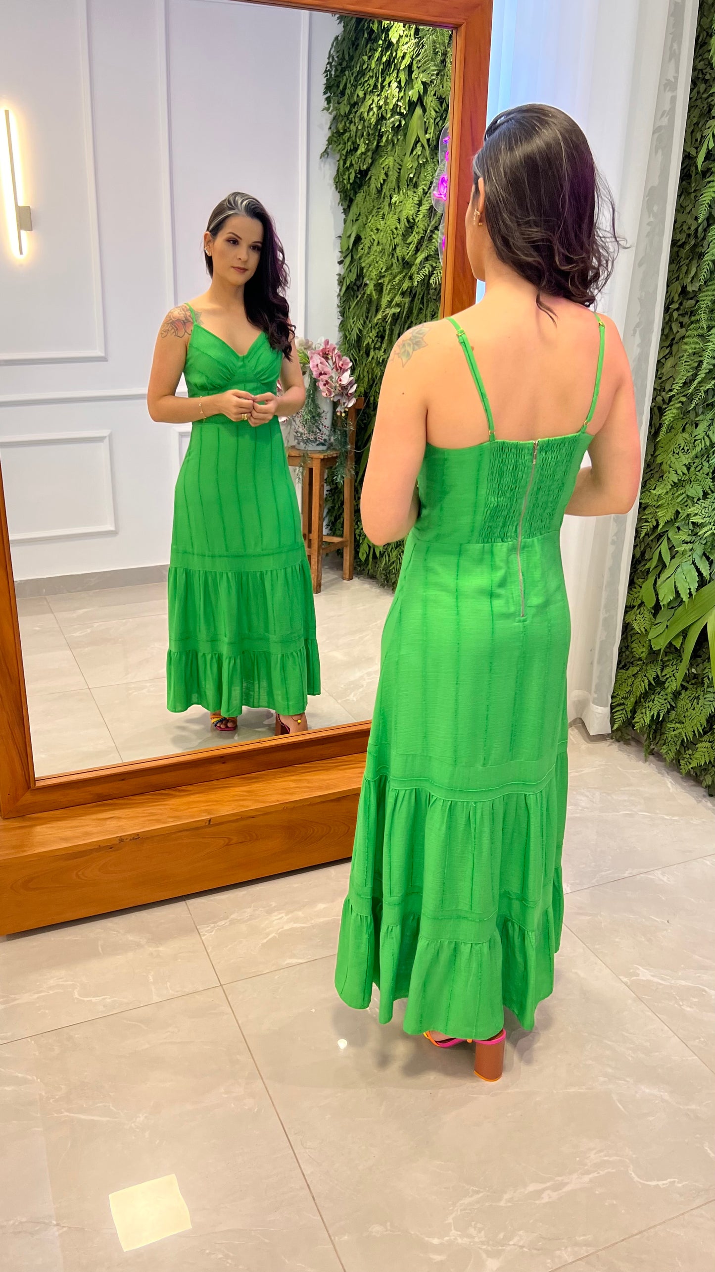 Vestido Midi Linho Listrado - Verde Bandeira