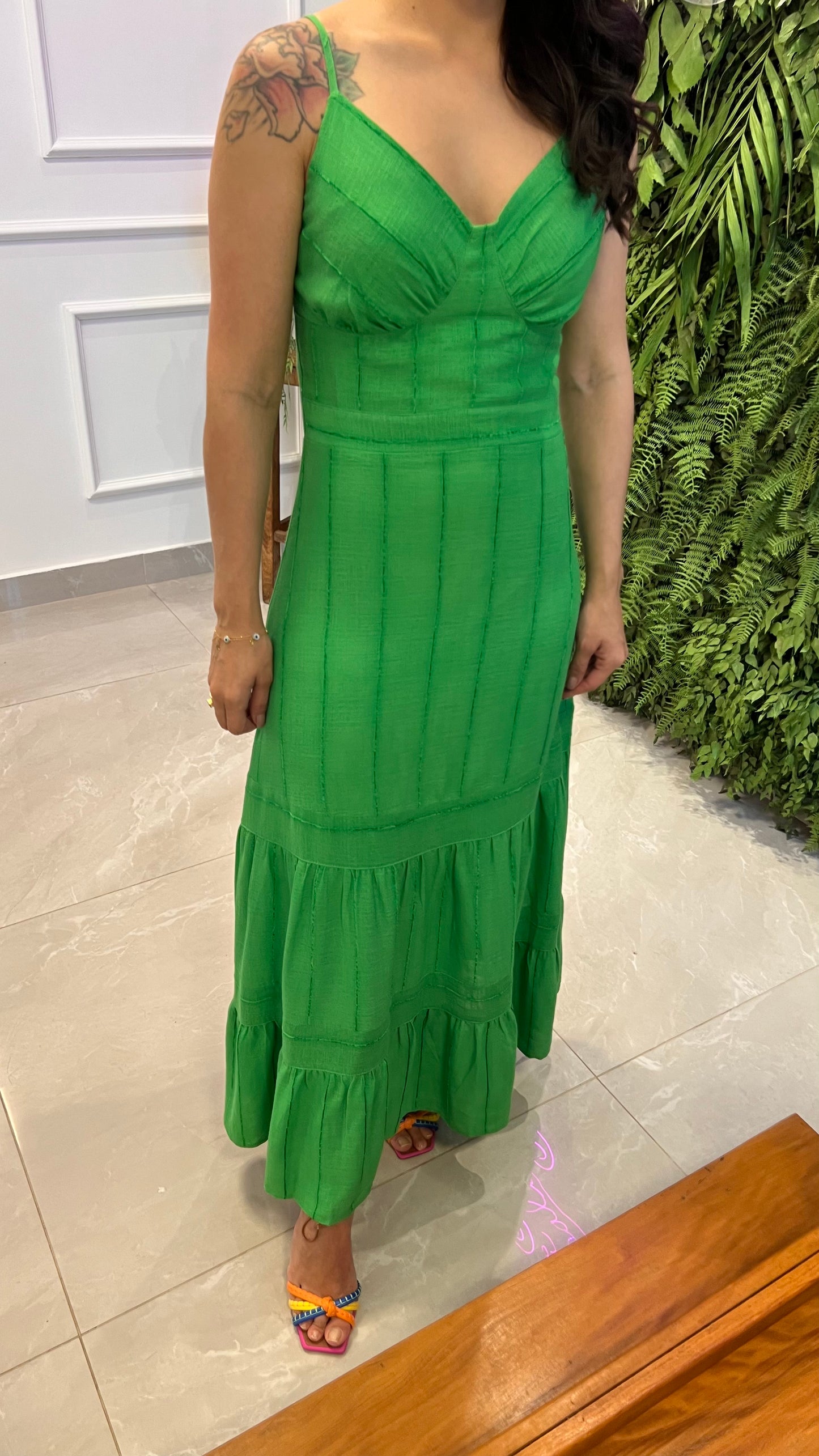 Vestido Midi Linho Listrado - Verde Bandeira