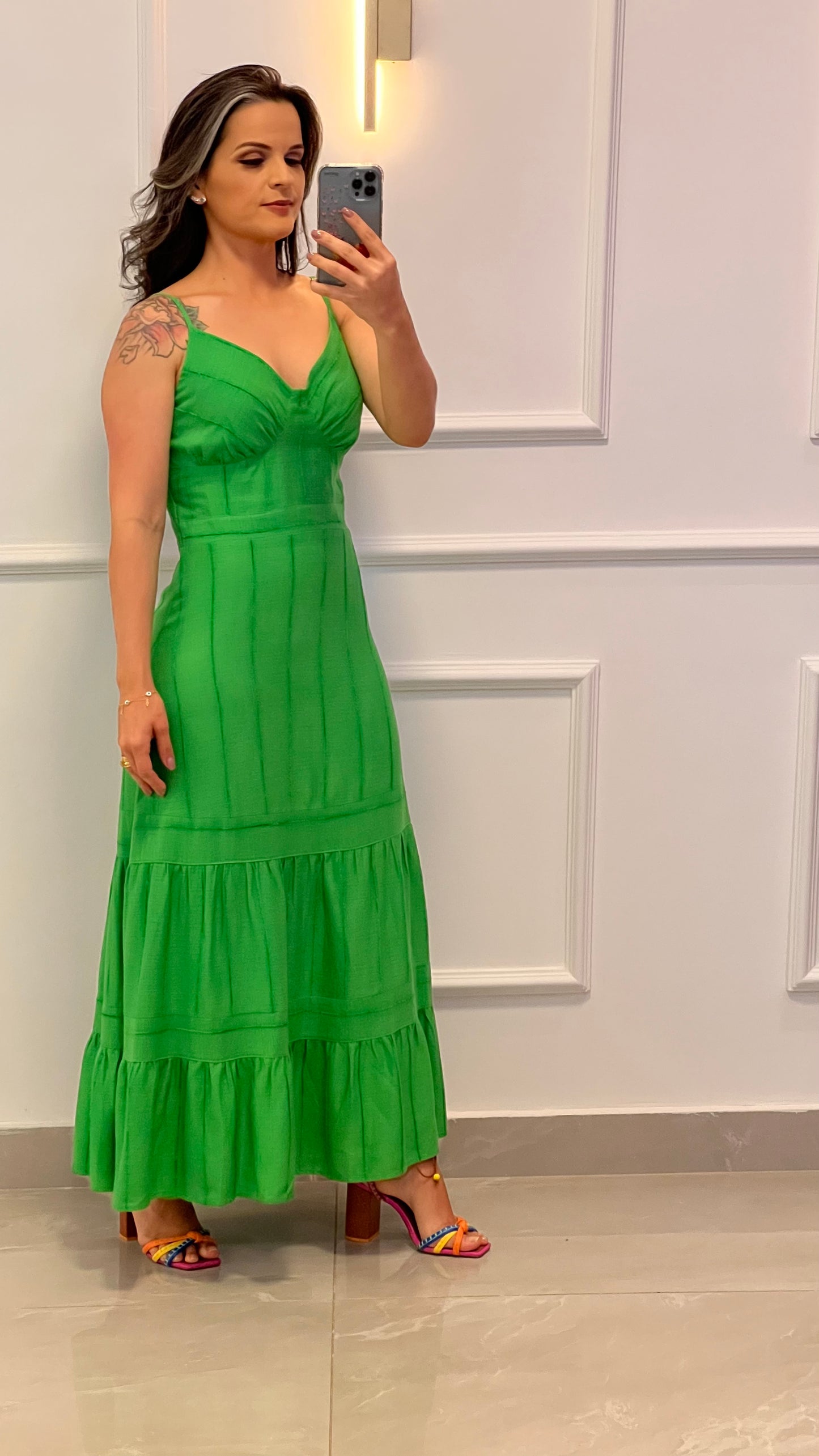 Vestido Midi Linho Listrado - Verde Bandeira