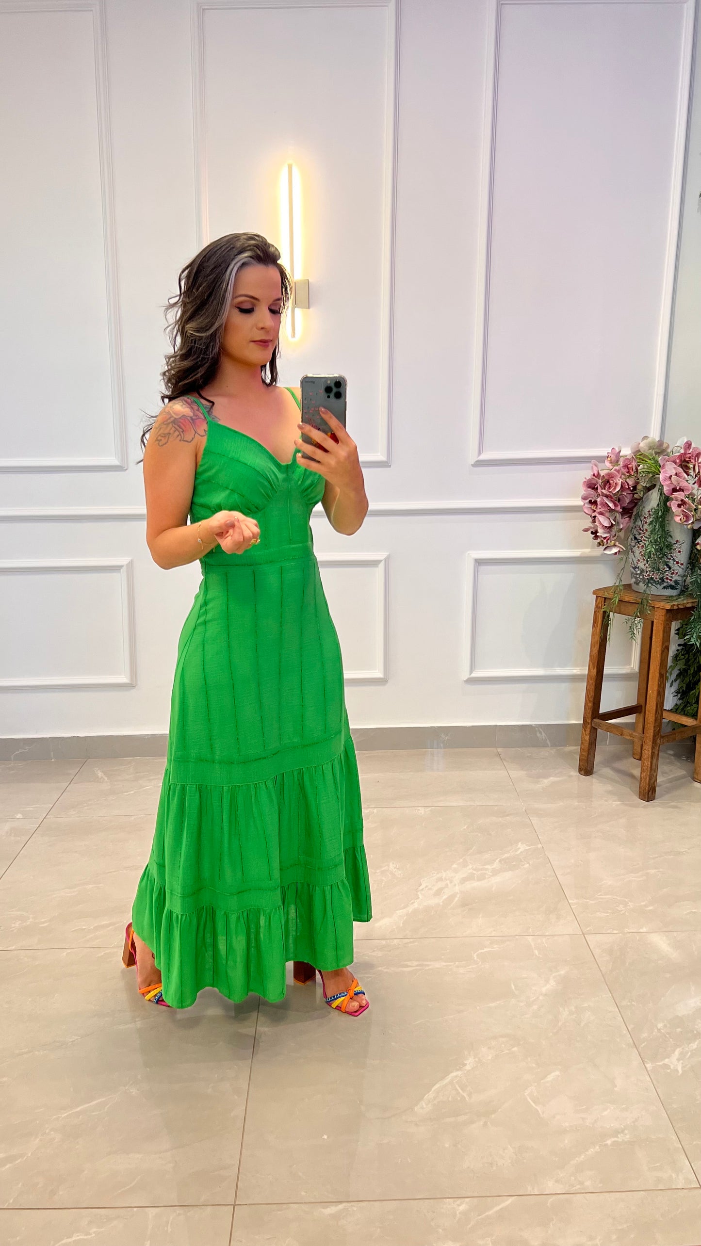 Vestido Midi Linho Listrado - Verde Bandeira