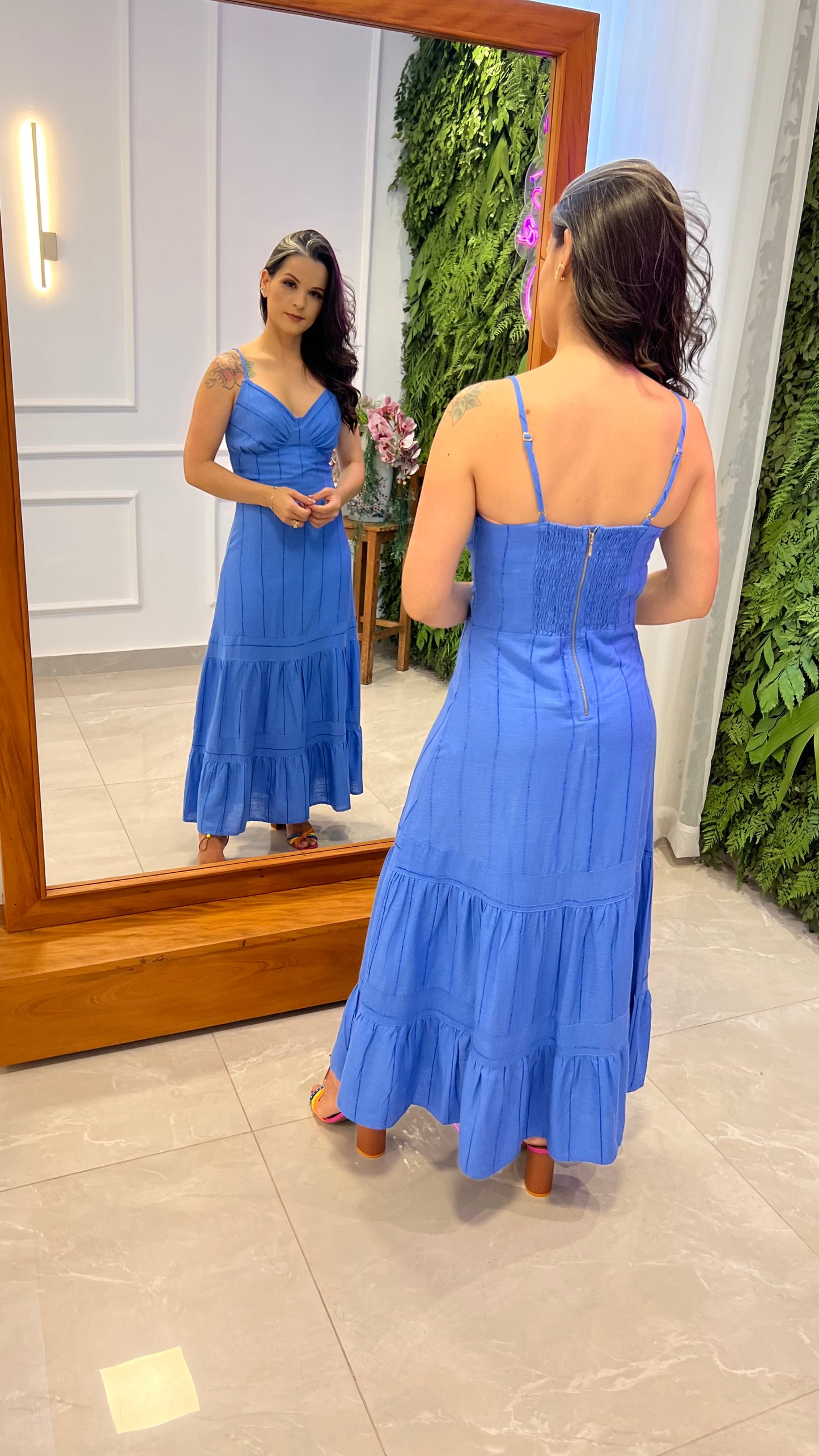Vestido Midi Linho Listrado - Azul