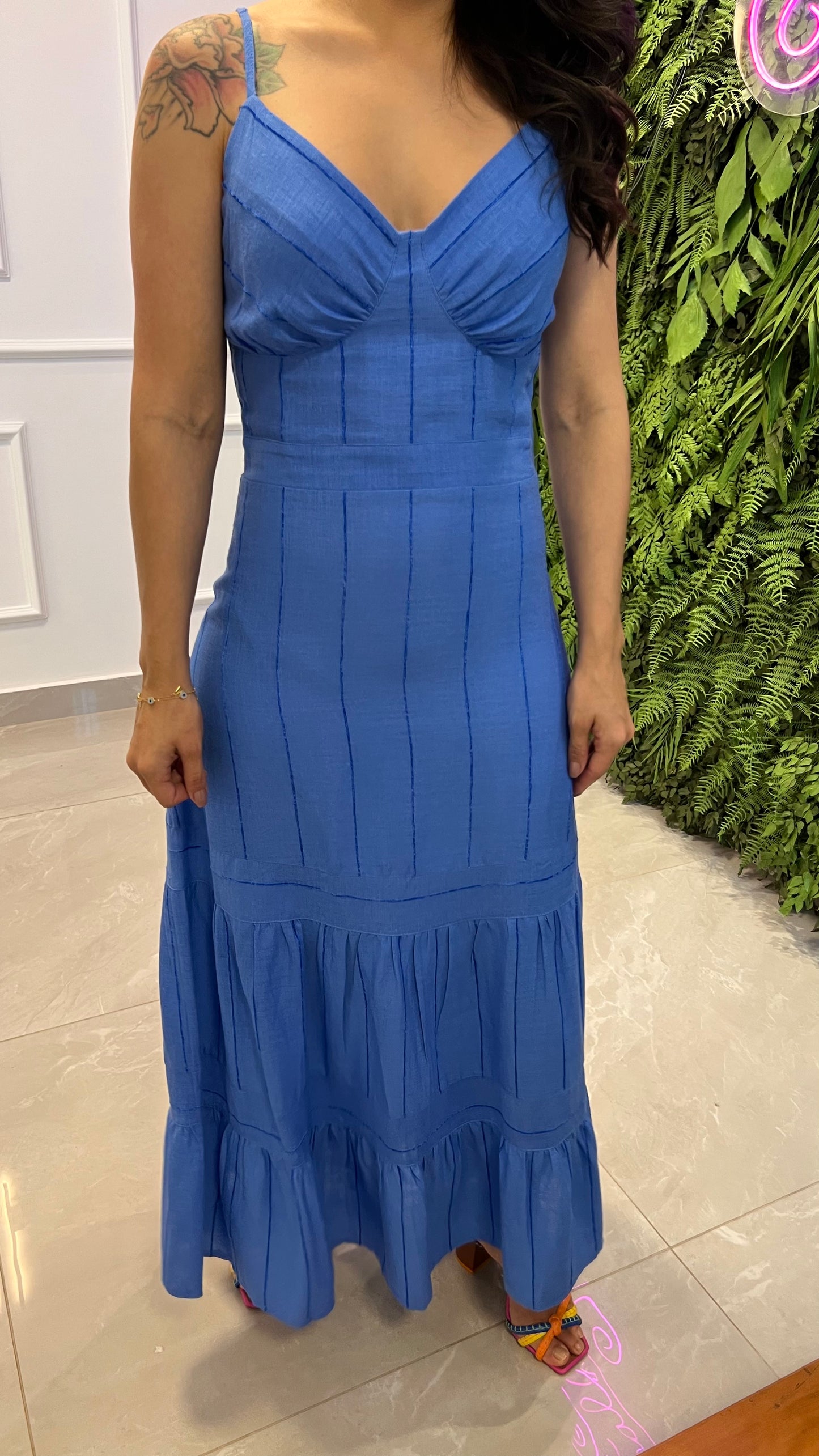 Vestido Midi Linho Listrado - Azul