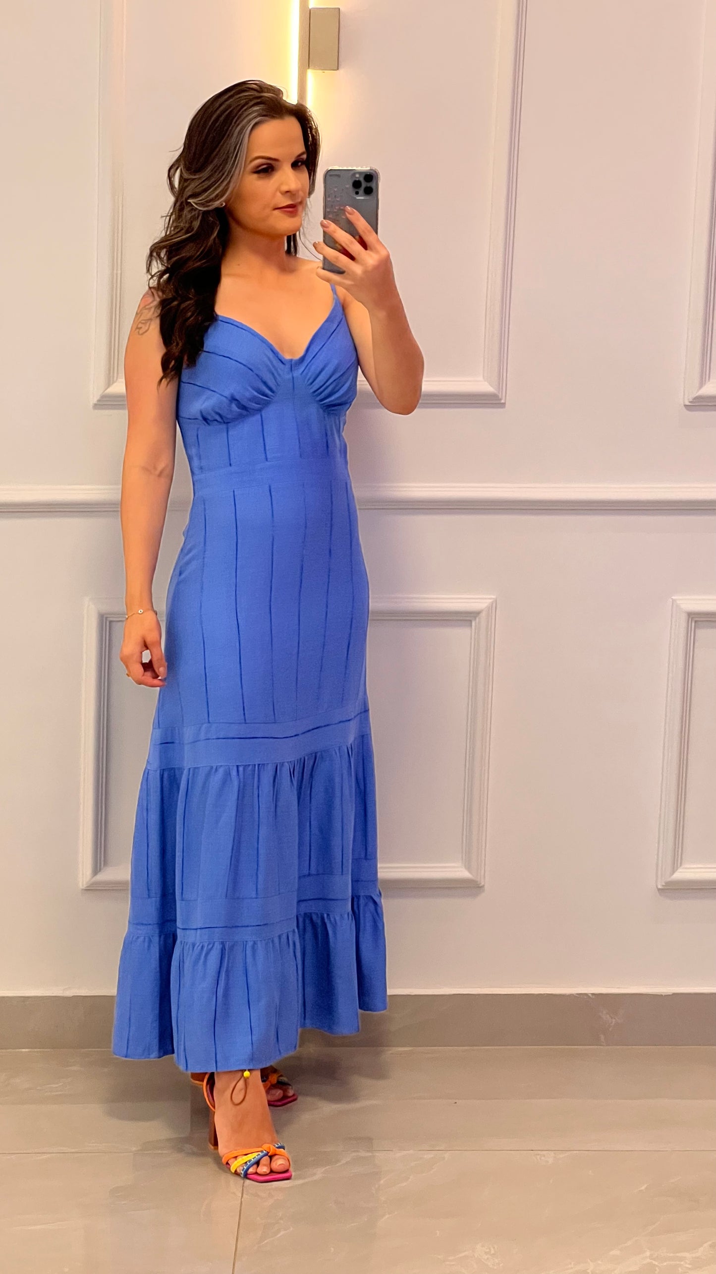 Vestido Midi Linho Listrado - Azul