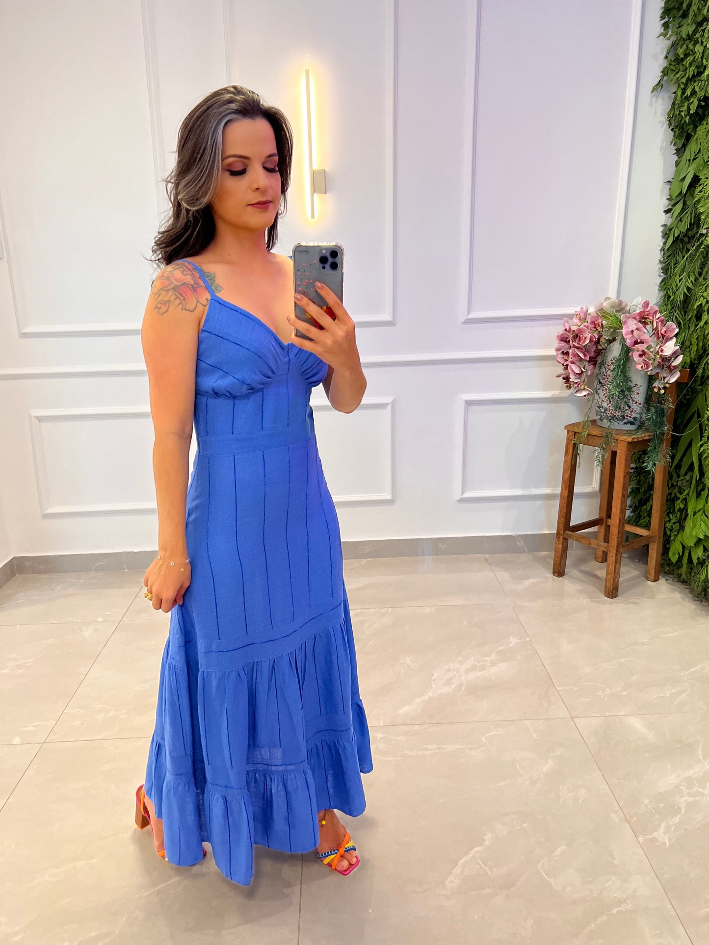 Vestido Midi Linho Listrado - Azul
