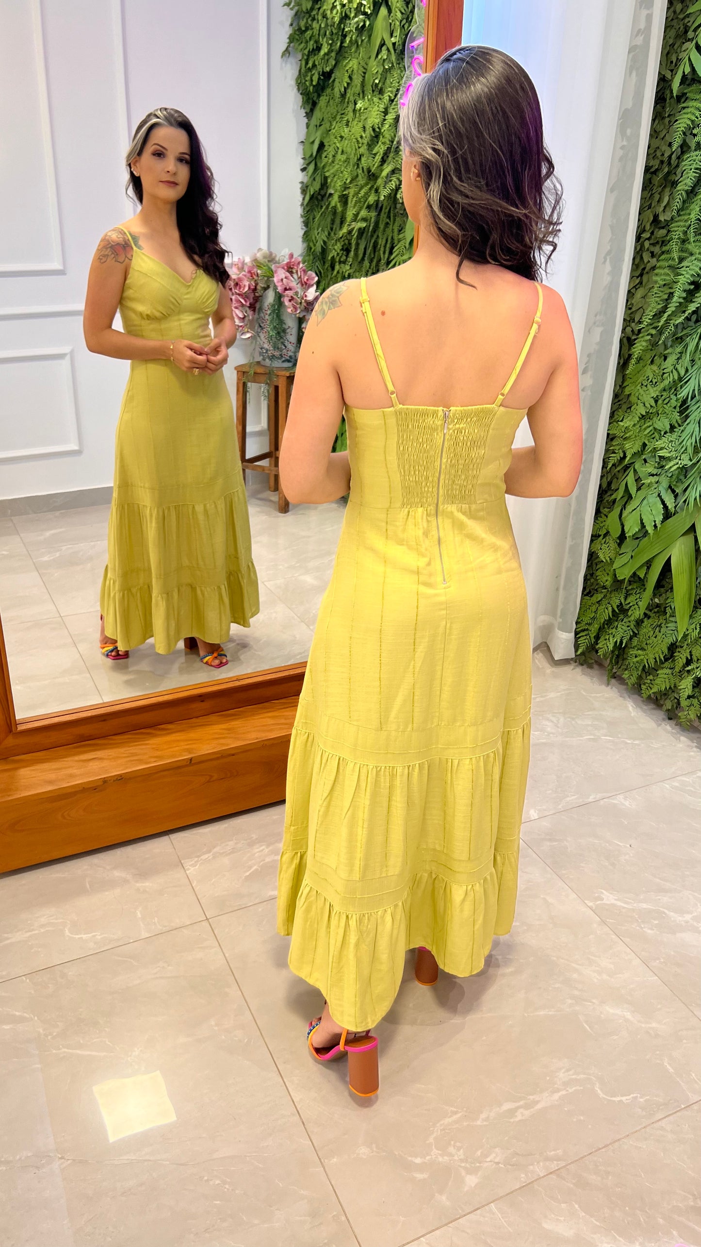 Vestido Midi Linho Listrado - Pistachio