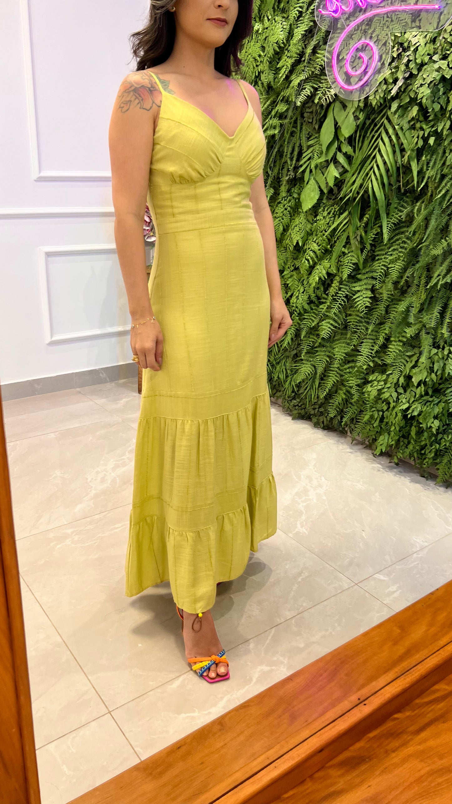 Vestido Midi Linho Listrado - Pistachio