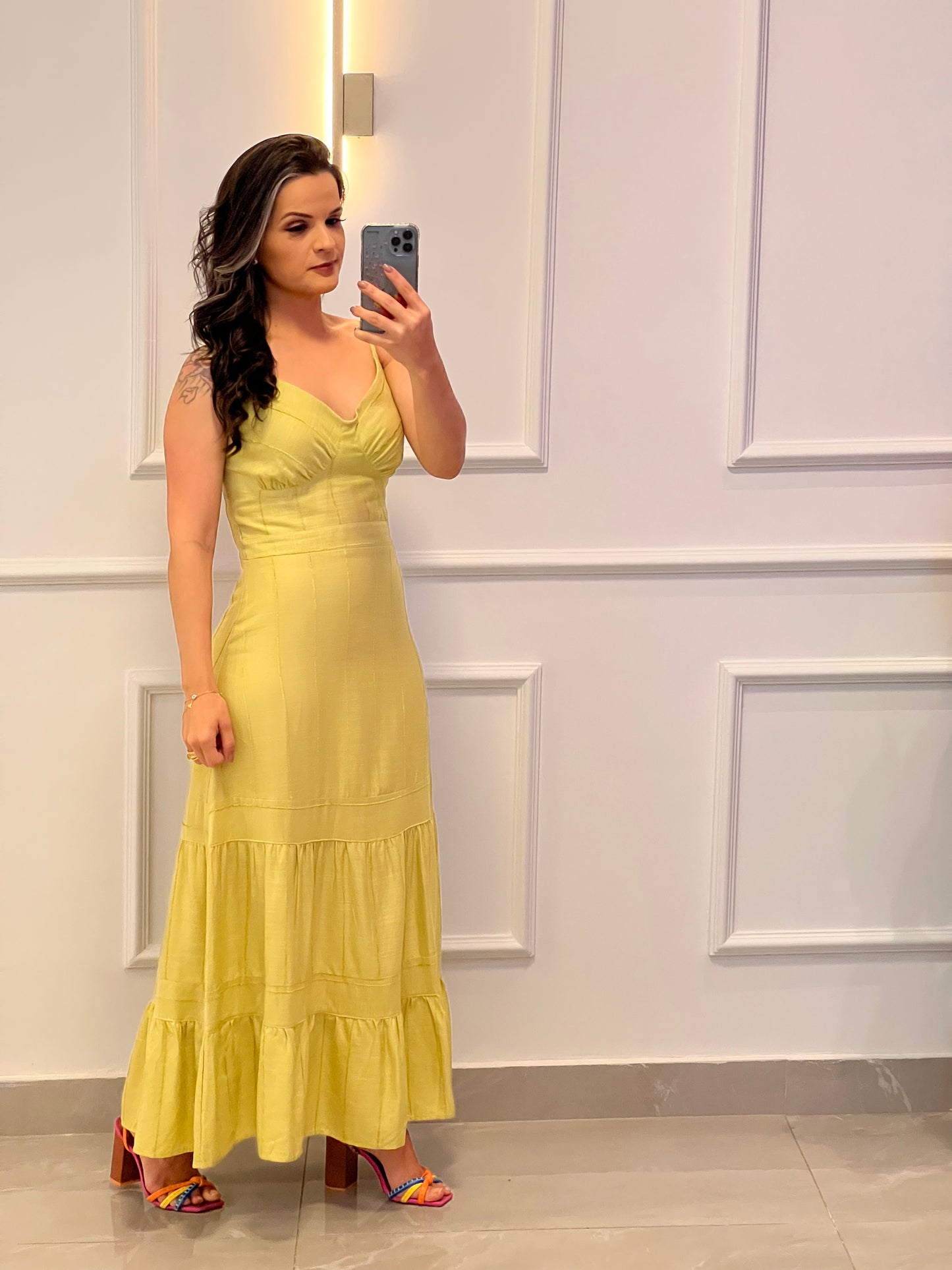 Vestido Midi Linho Listrado - Pistachio