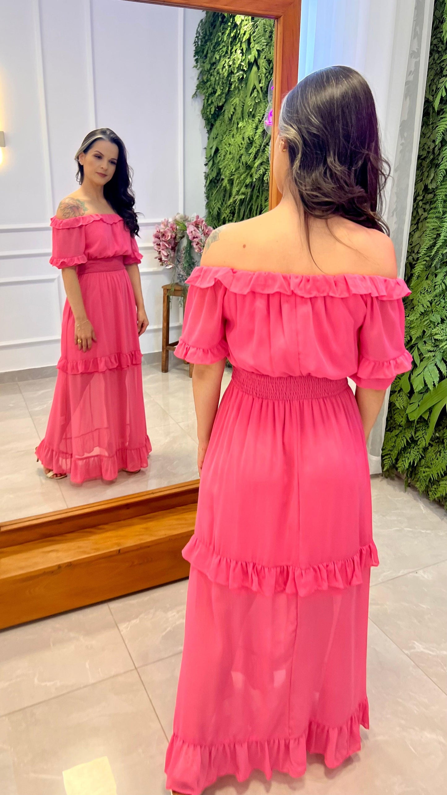 Vestido Longuete Ombro a Ombro Transparência - Rosa