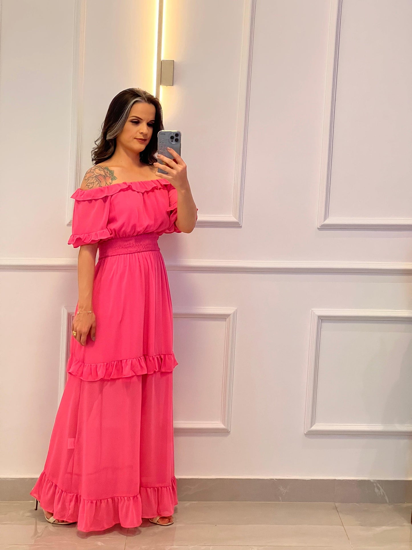 Vestido Longuete Ombro a Ombro Transparência - Rosa