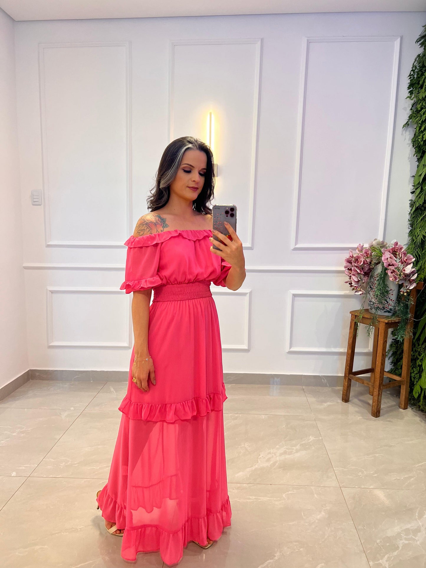 Vestido Longuete Ombro a Ombro Transparência - Rosa