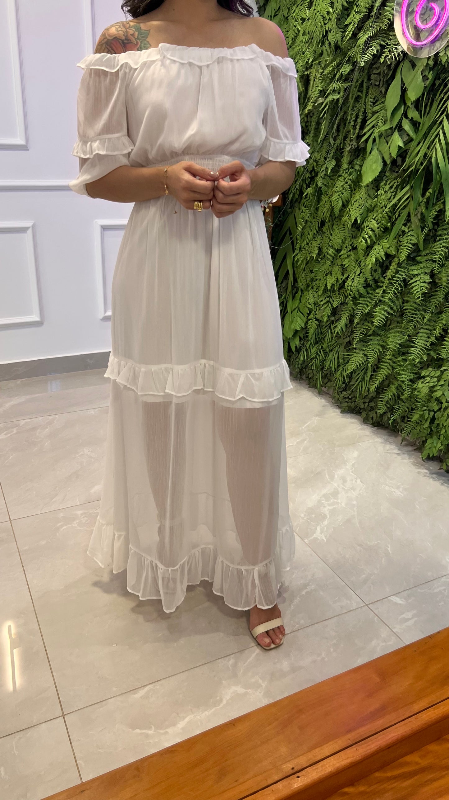 Vestido Longuete Ombro a Ombro Transparência - Branco/ Off
