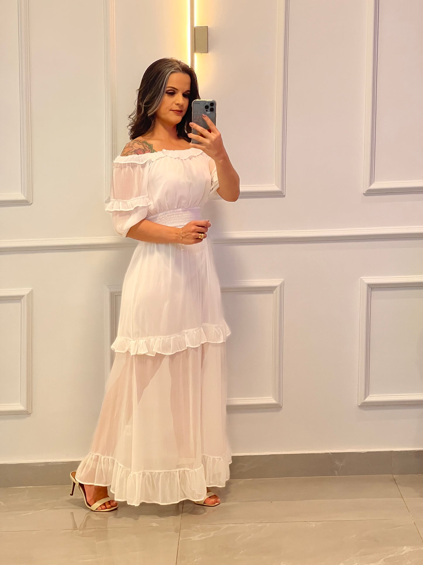 Vestido Longuete Ombro a Ombro Transparência - Branco/ Off
