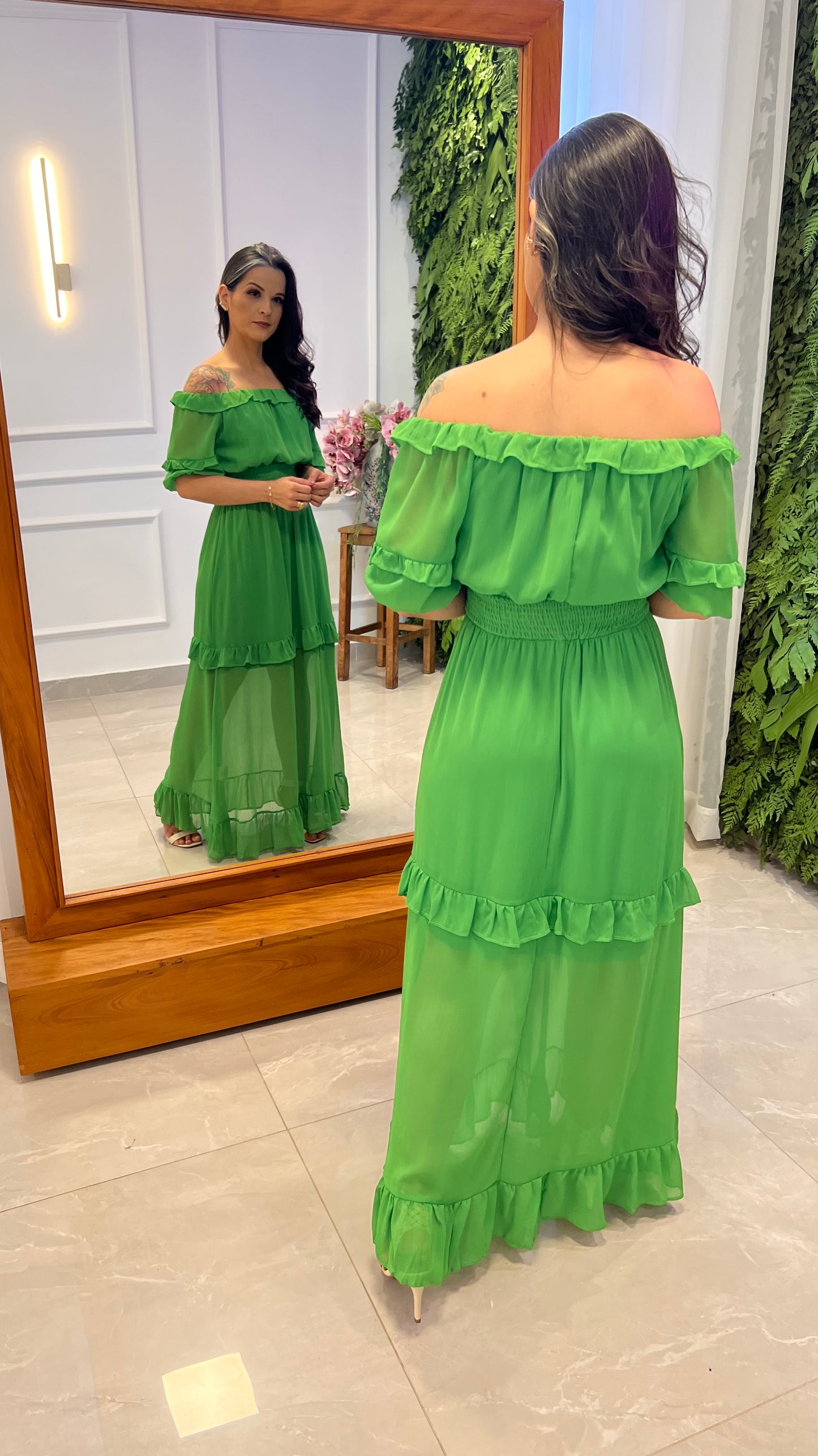 Vestido Longuete Ombro a Ombro Transparência - Verde