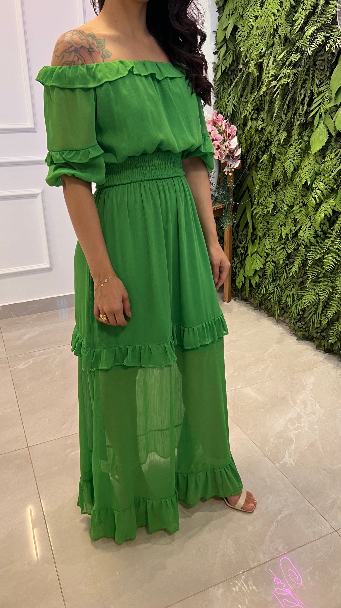 Vestido Longuete Ombro a Ombro Transparência - Verde