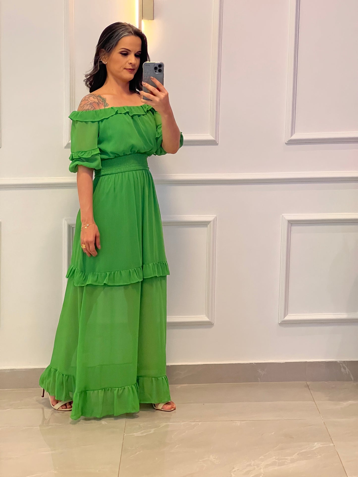 Vestido Longuete Ombro a Ombro Transparência - Verde