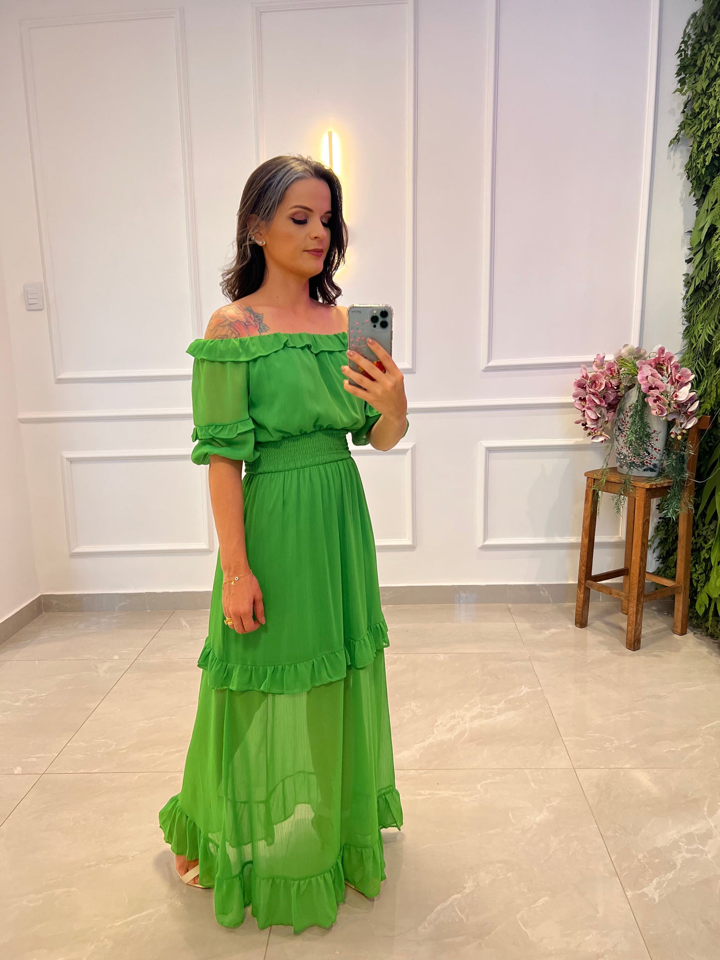 Vestido Longuete Ombro a Ombro Transparência - Verde