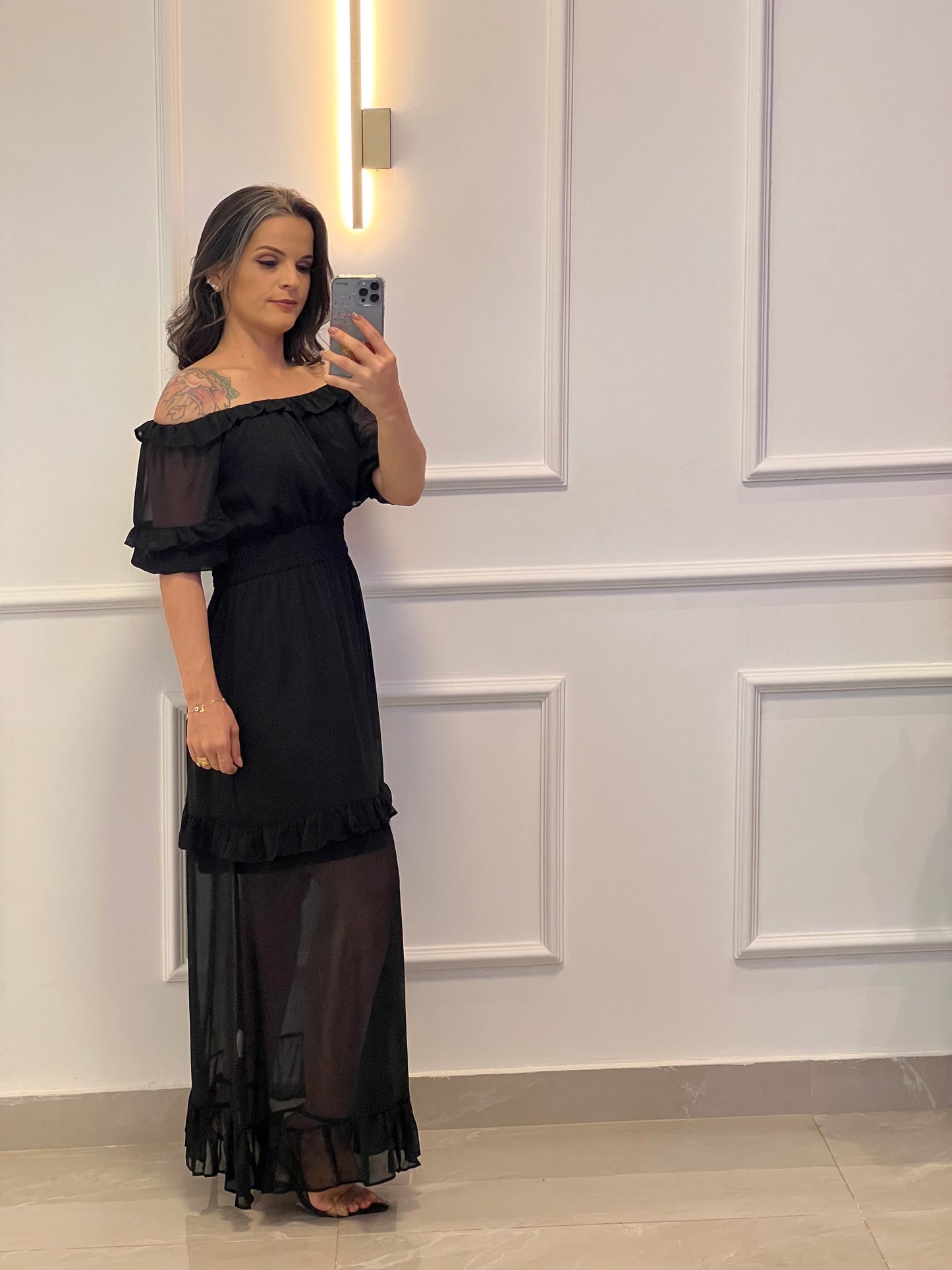 Vestido Longuete Ombro a Ombro Transparência - Preto