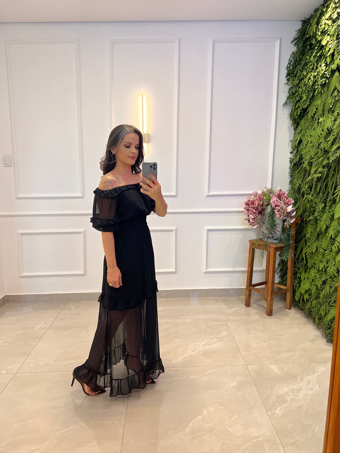 Vestido Longuete Ombro a Ombro Transparência - Preto