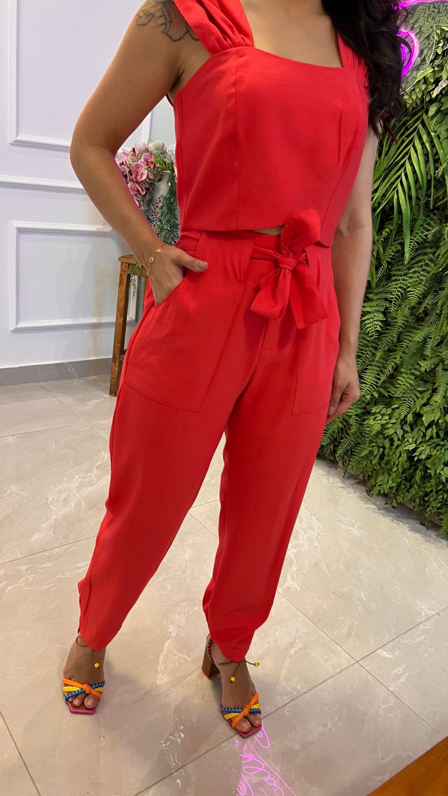 Conjunto Calça Cropped Alça Larga- Vermelho