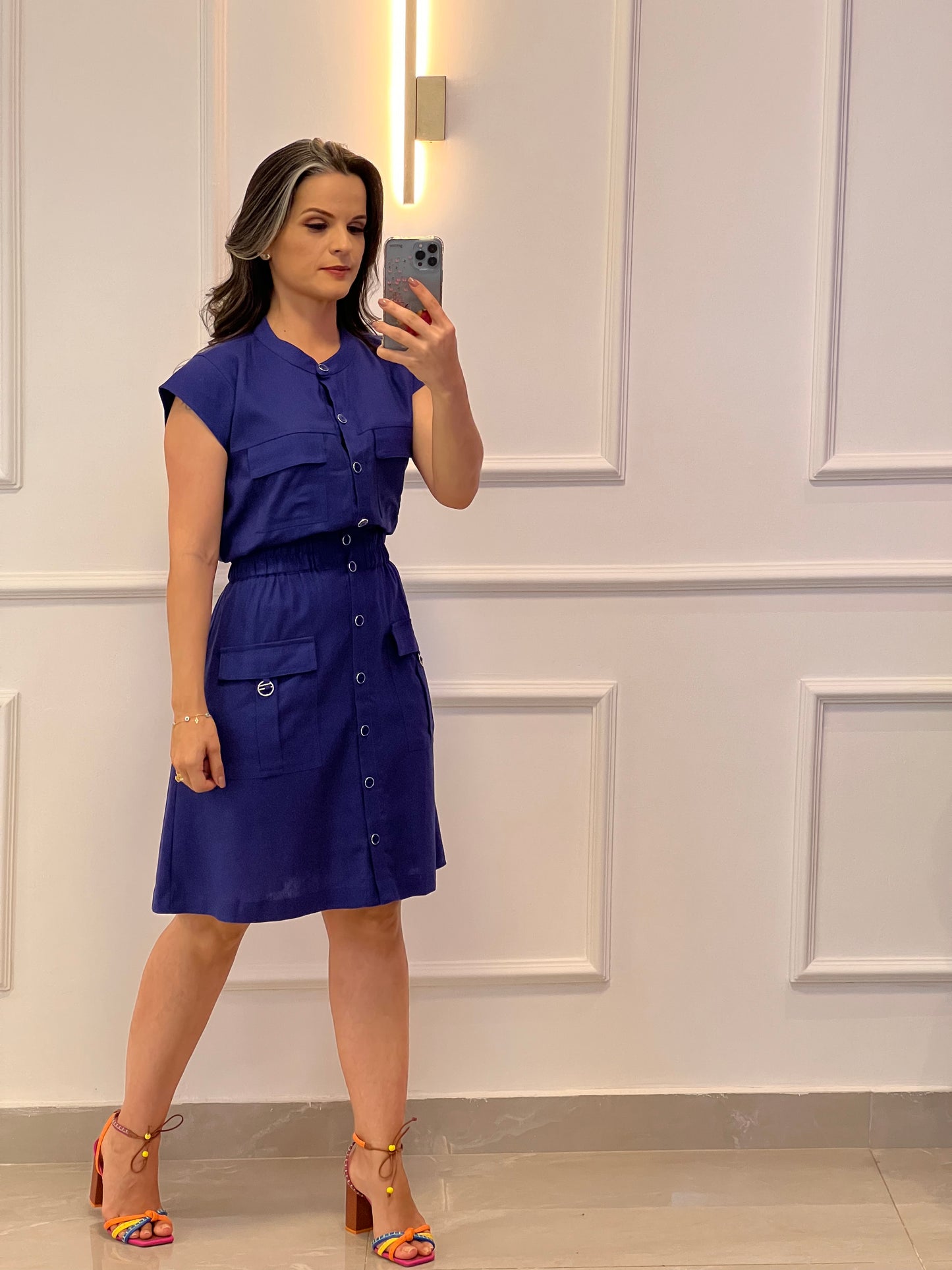 Vestido Curto Utilitario Linho - Azul Marinho