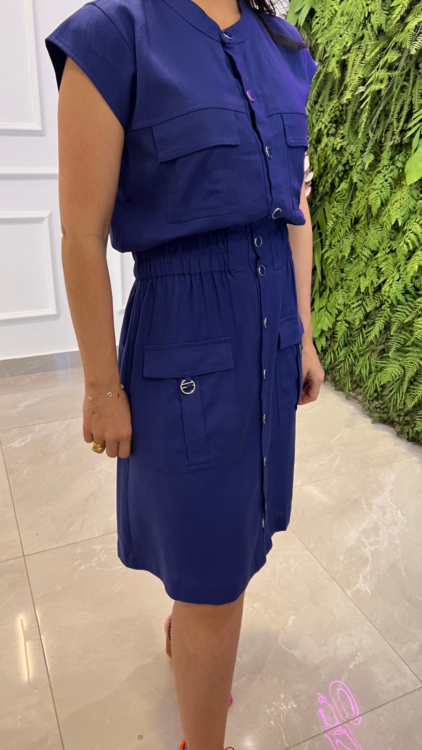 Vestido Curto Utilitario Linho - Azul Marinho