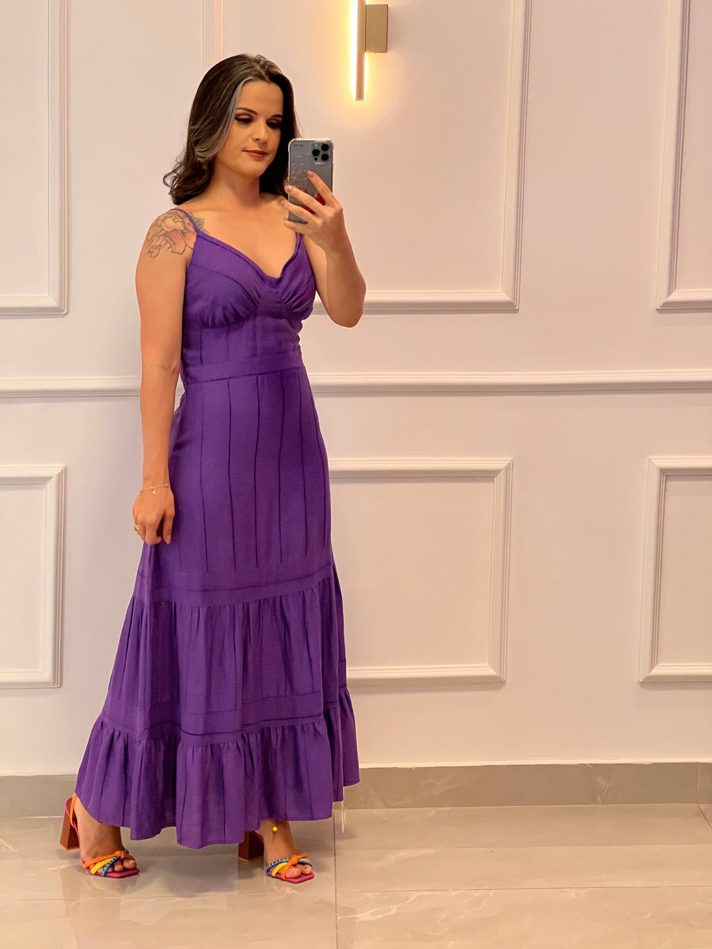 Vestido Midi Linho Listrado - Roxo
