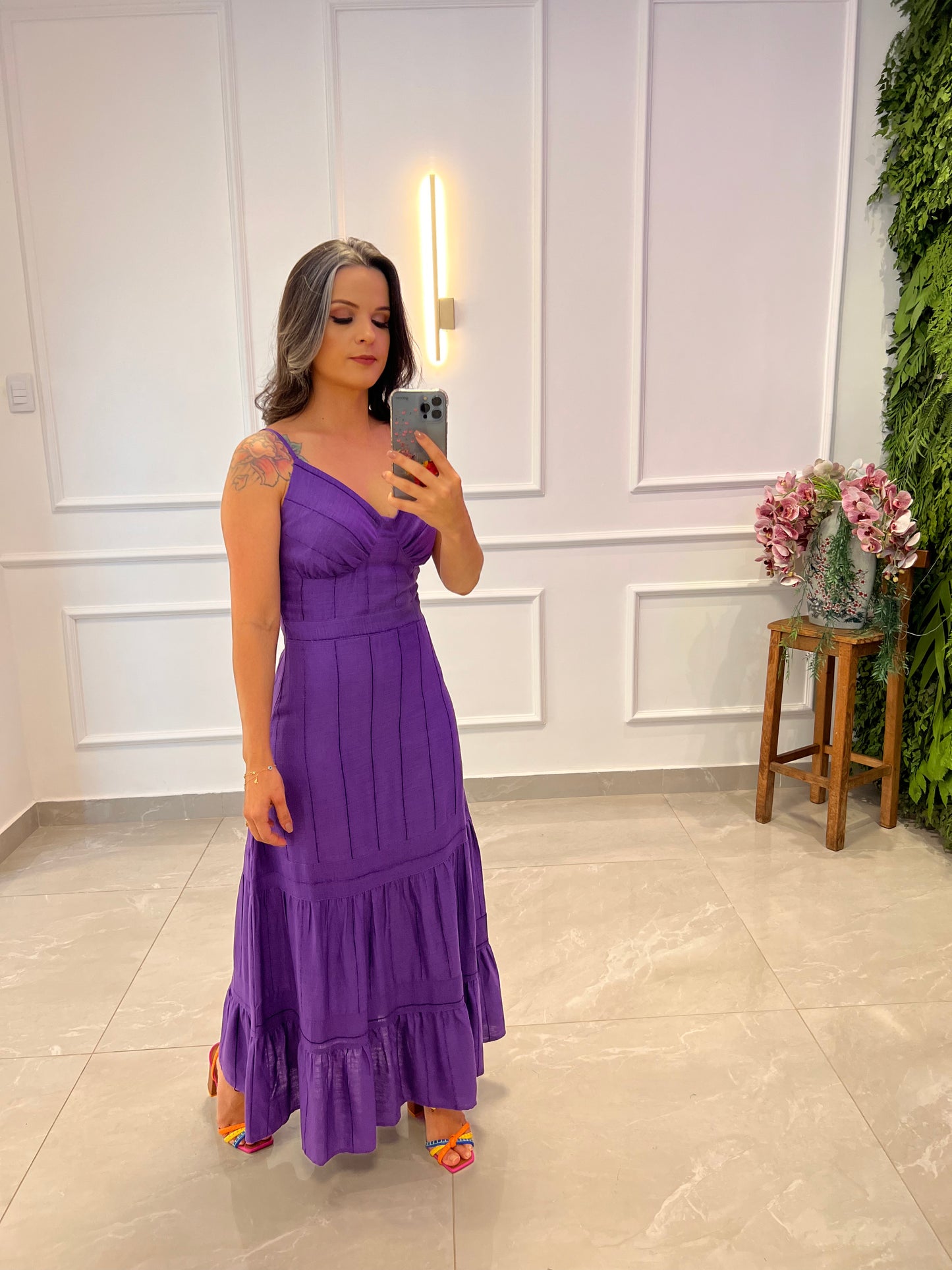 Vestido Midi Linho Listrado - Roxo