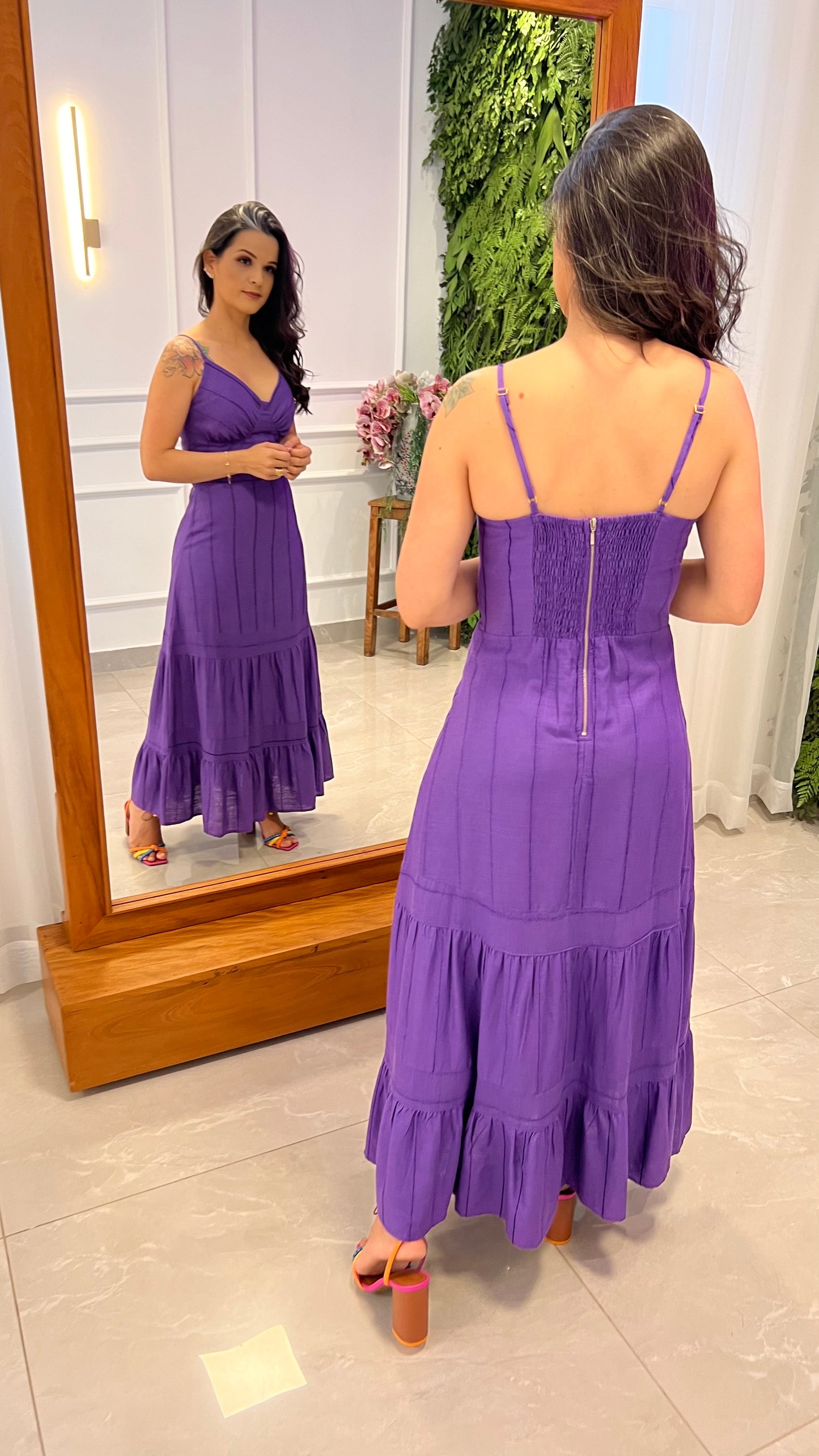 Vestido Midi Linho Listrado - Roxo