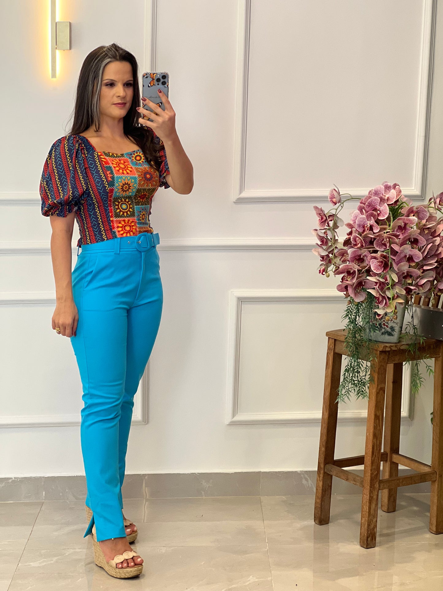 Cropped Blouse Square Neckline - Printed