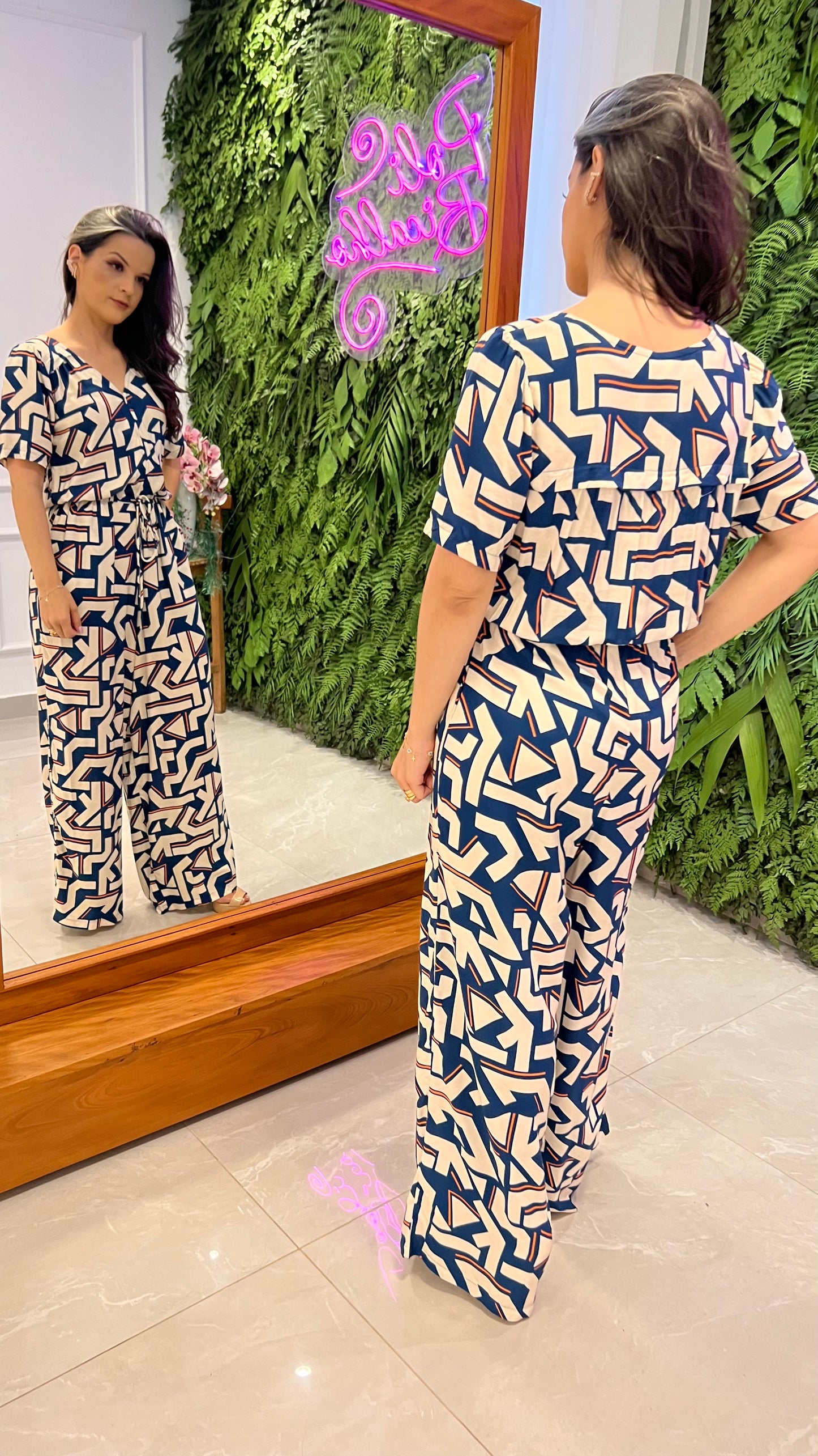 Macacão Zig Zag Blusado - Azul Estampado