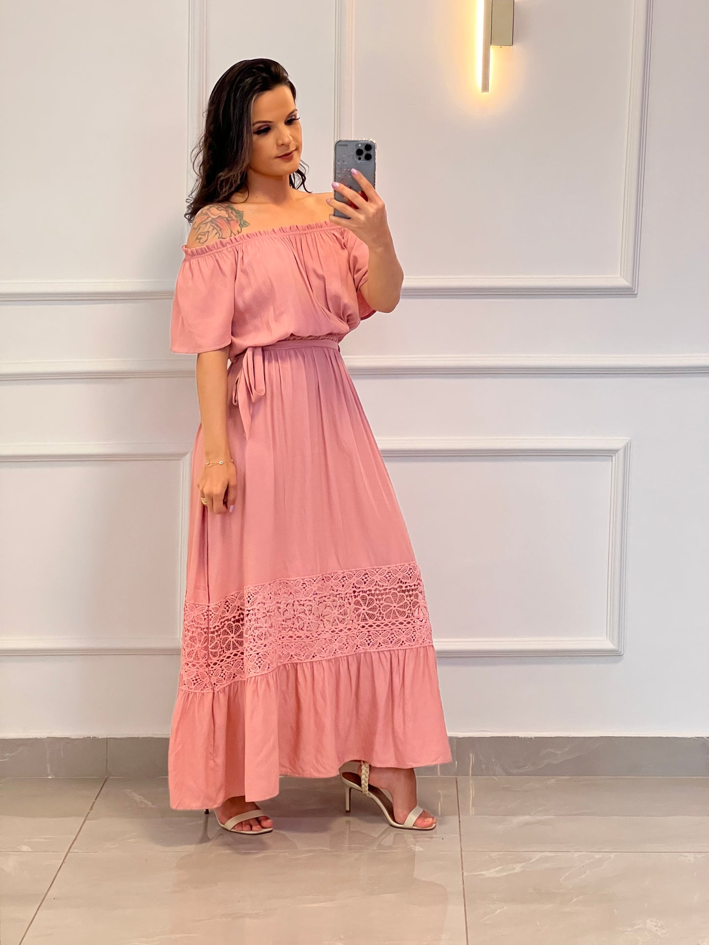 Vestido Longuete Ombro a Ombro Faixa - Rose