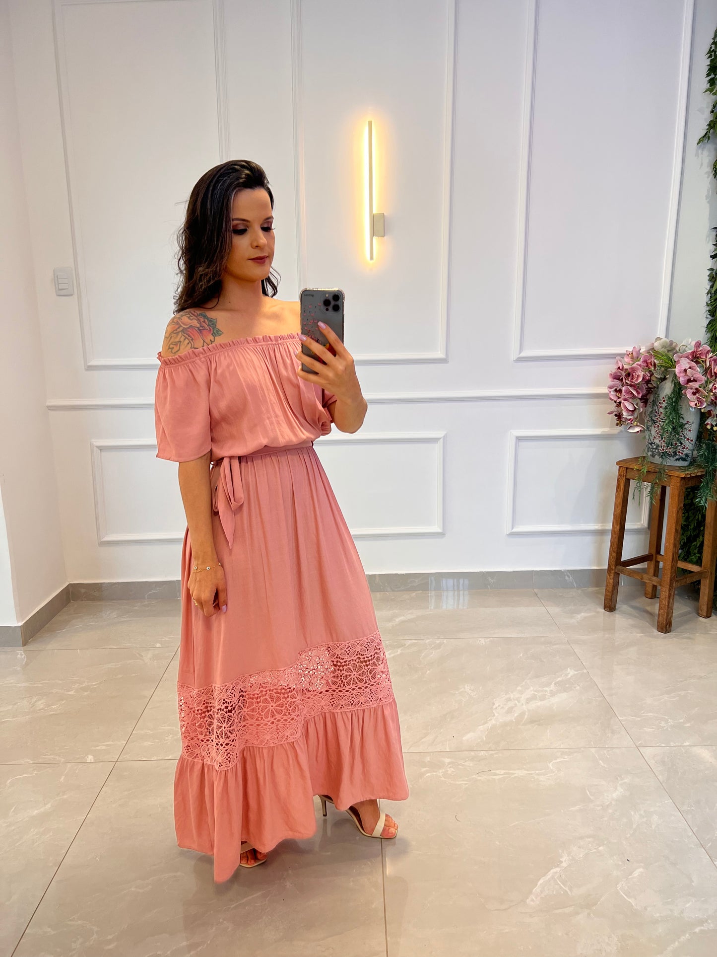 Vestido Longuete Ombro a Ombro Faixa - Rose