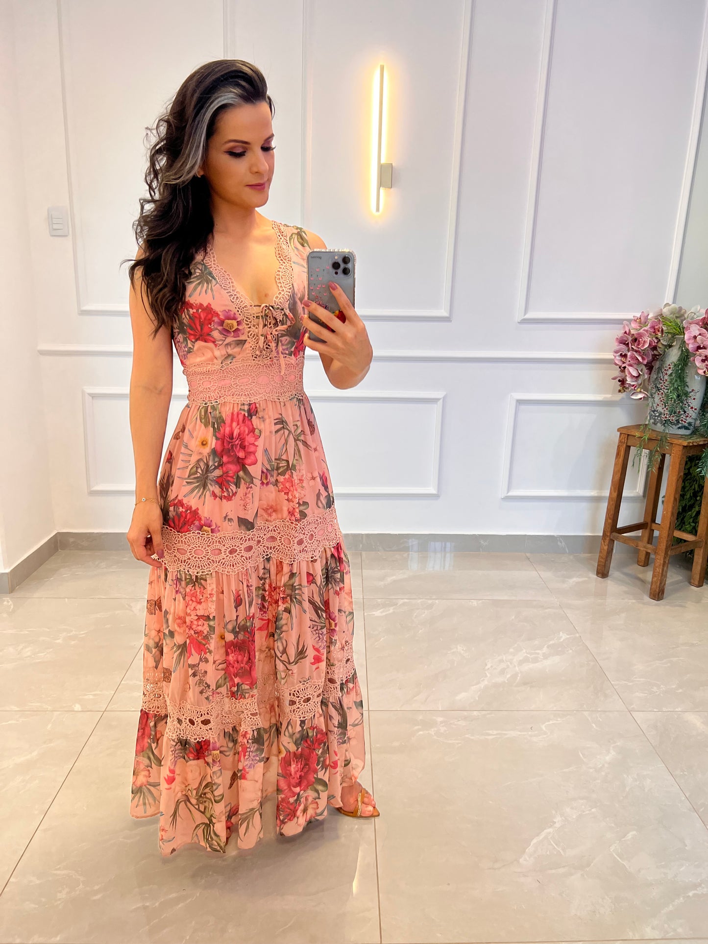Vestido Longo Floral Guipir - Rosa