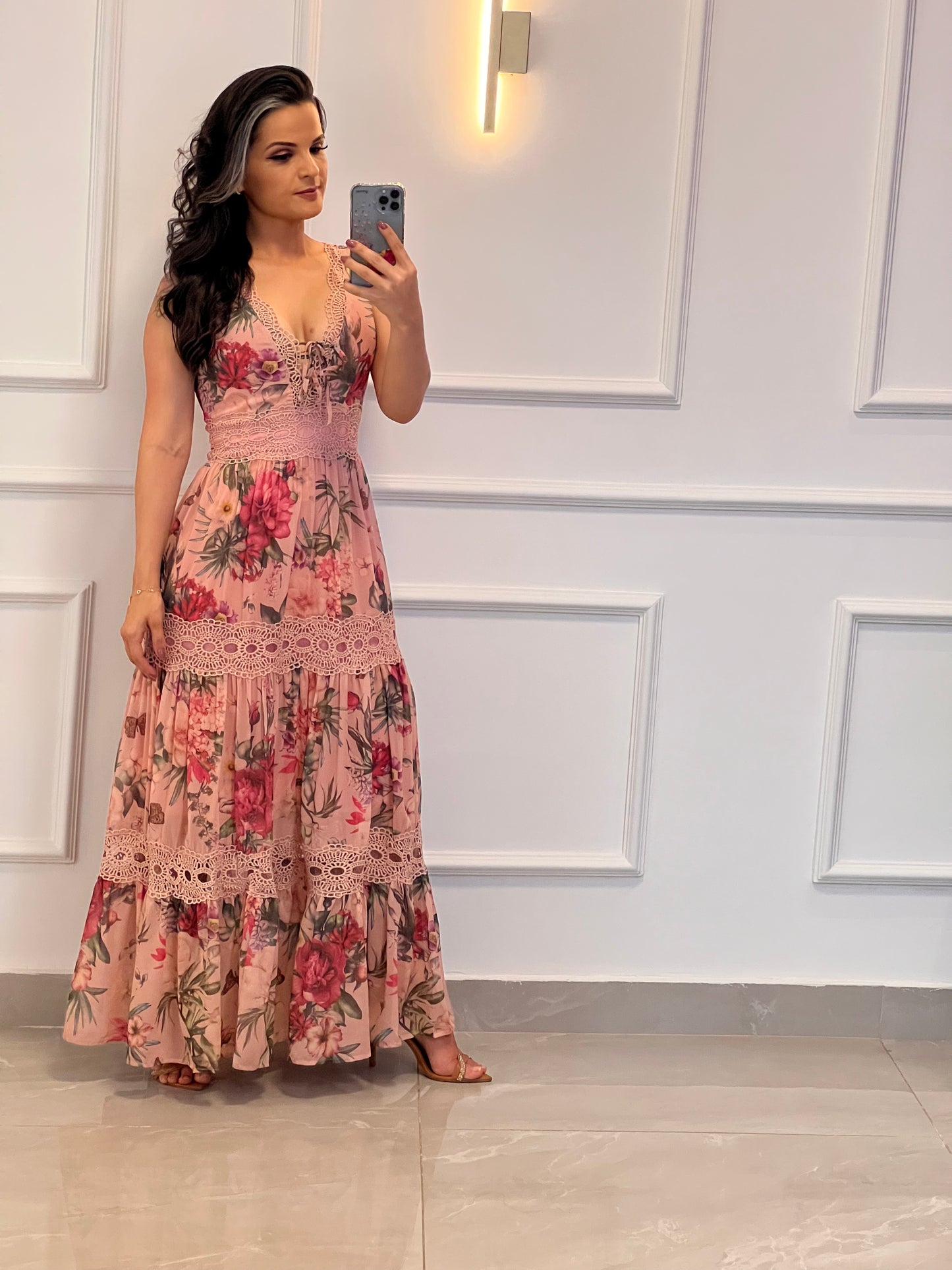 Vestido Longo Floral Guipir - Rosa