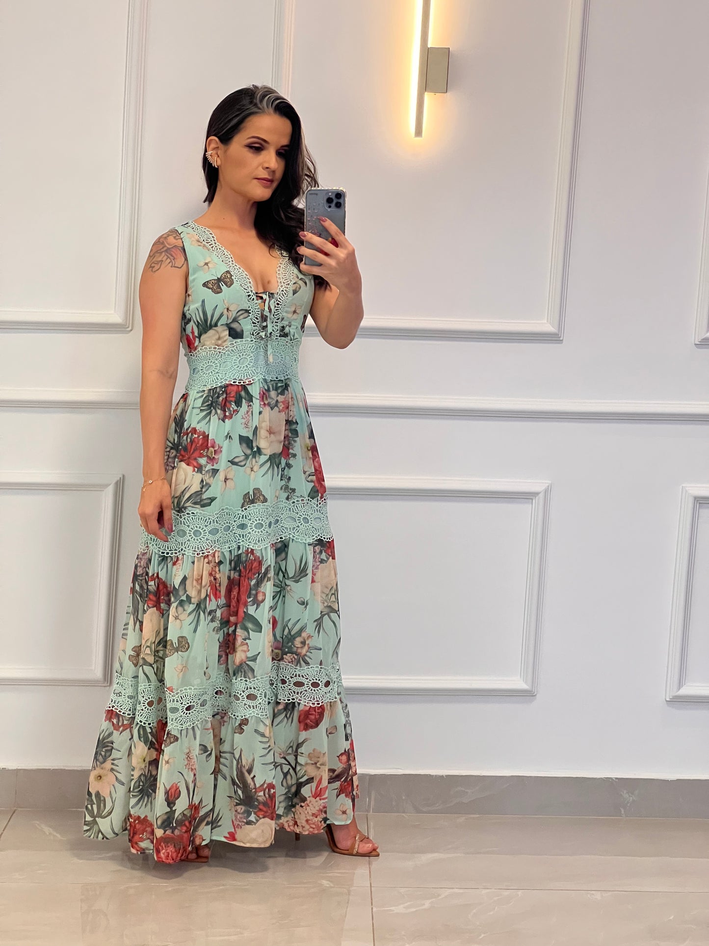 Vestido Longo Floral Guipir - Verde