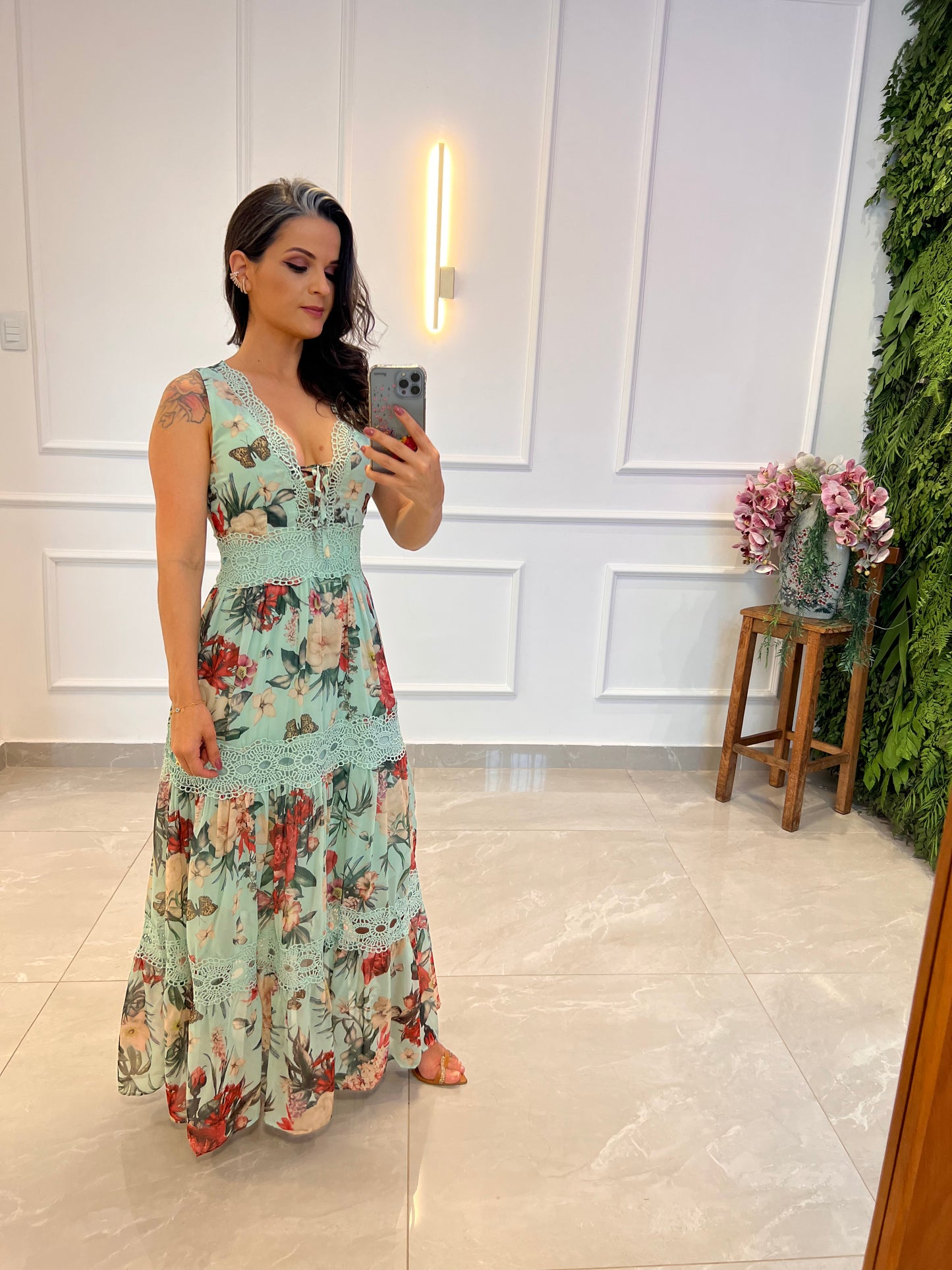 Vestido Longo Floral Guipir - Verde