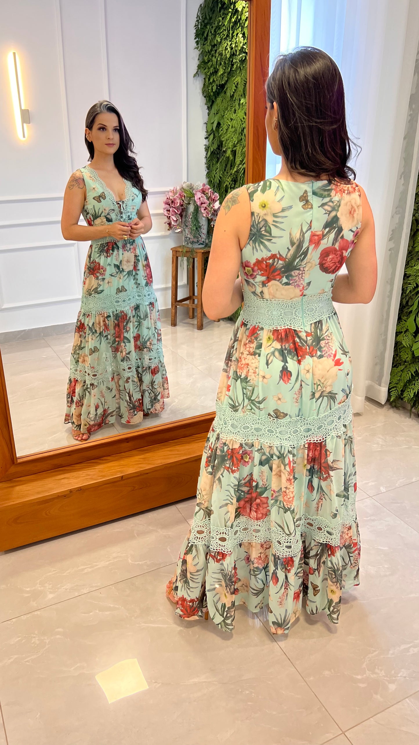 Vestido Longo Floral Guipir - Verde