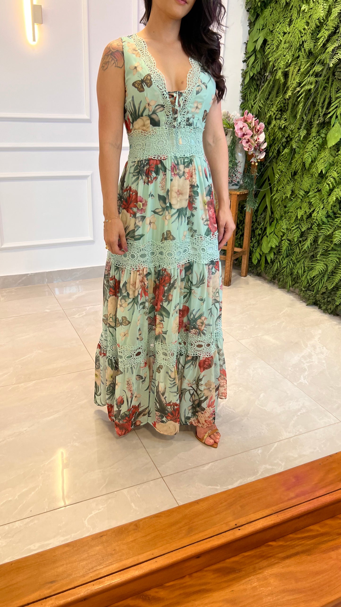 Vestido Longo Floral Guipir - Verde