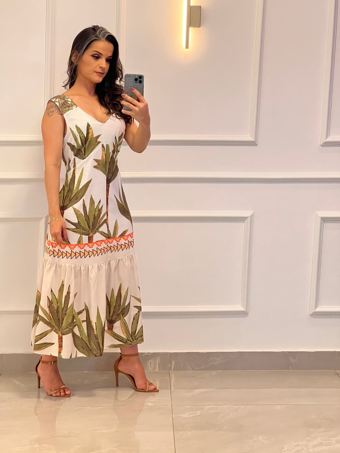 Vestido Midi Alça Larga Tricô Palmeira - Estampado