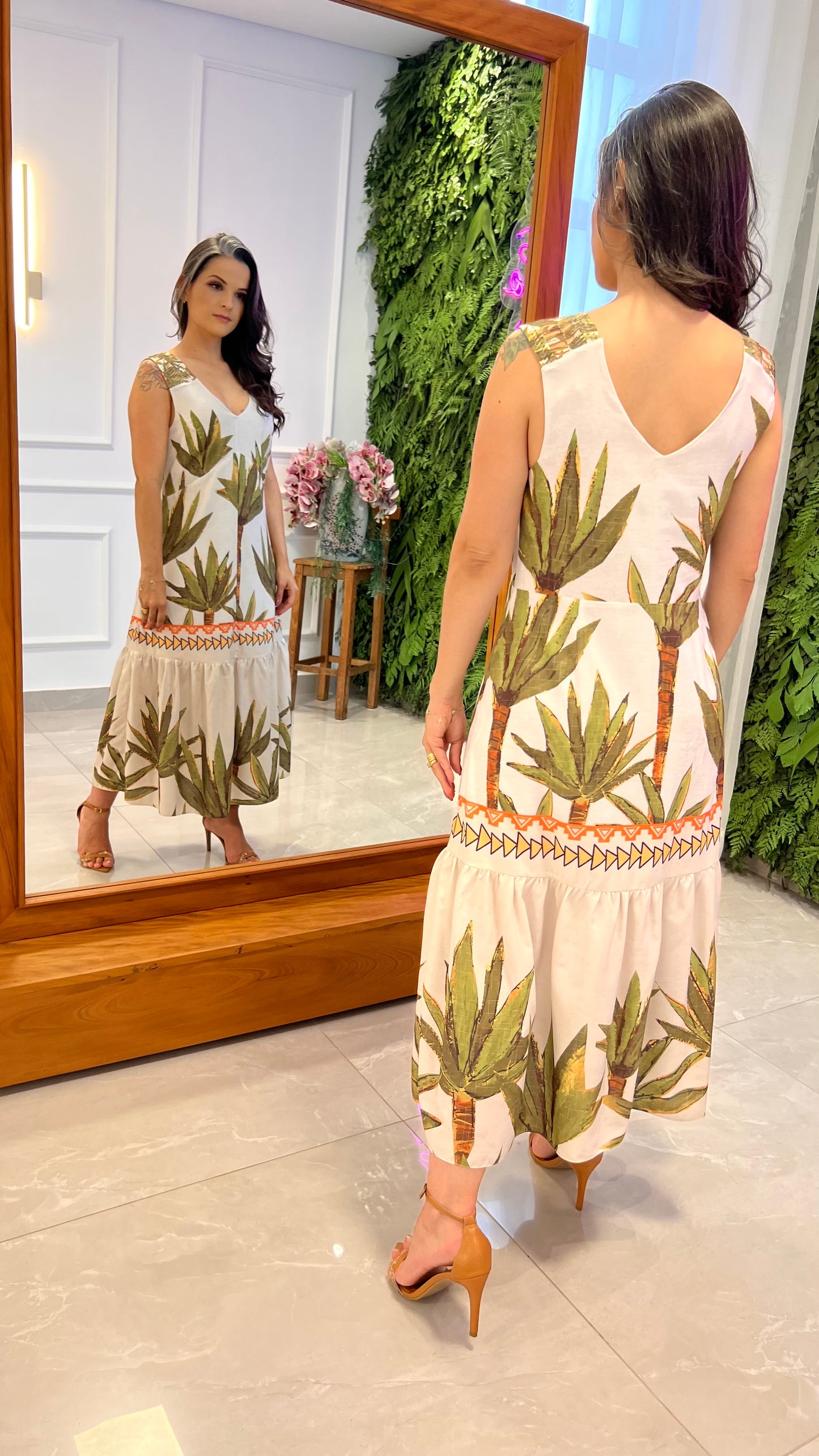Vestido Midi Alça Larga Tricô Palmeira - Estampado