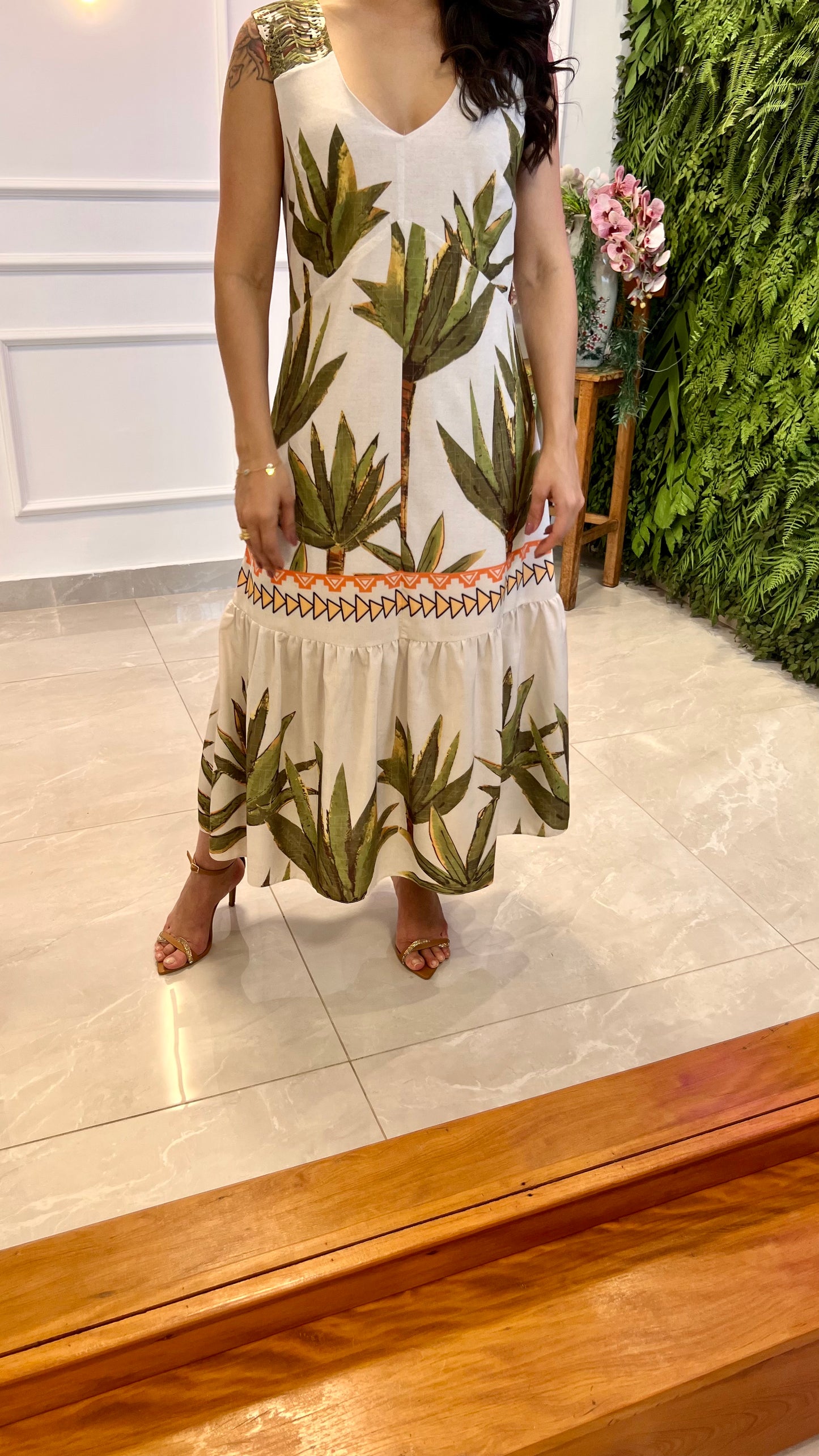 Vestido Midi Alça Larga Tricô Palmeira - Estampado