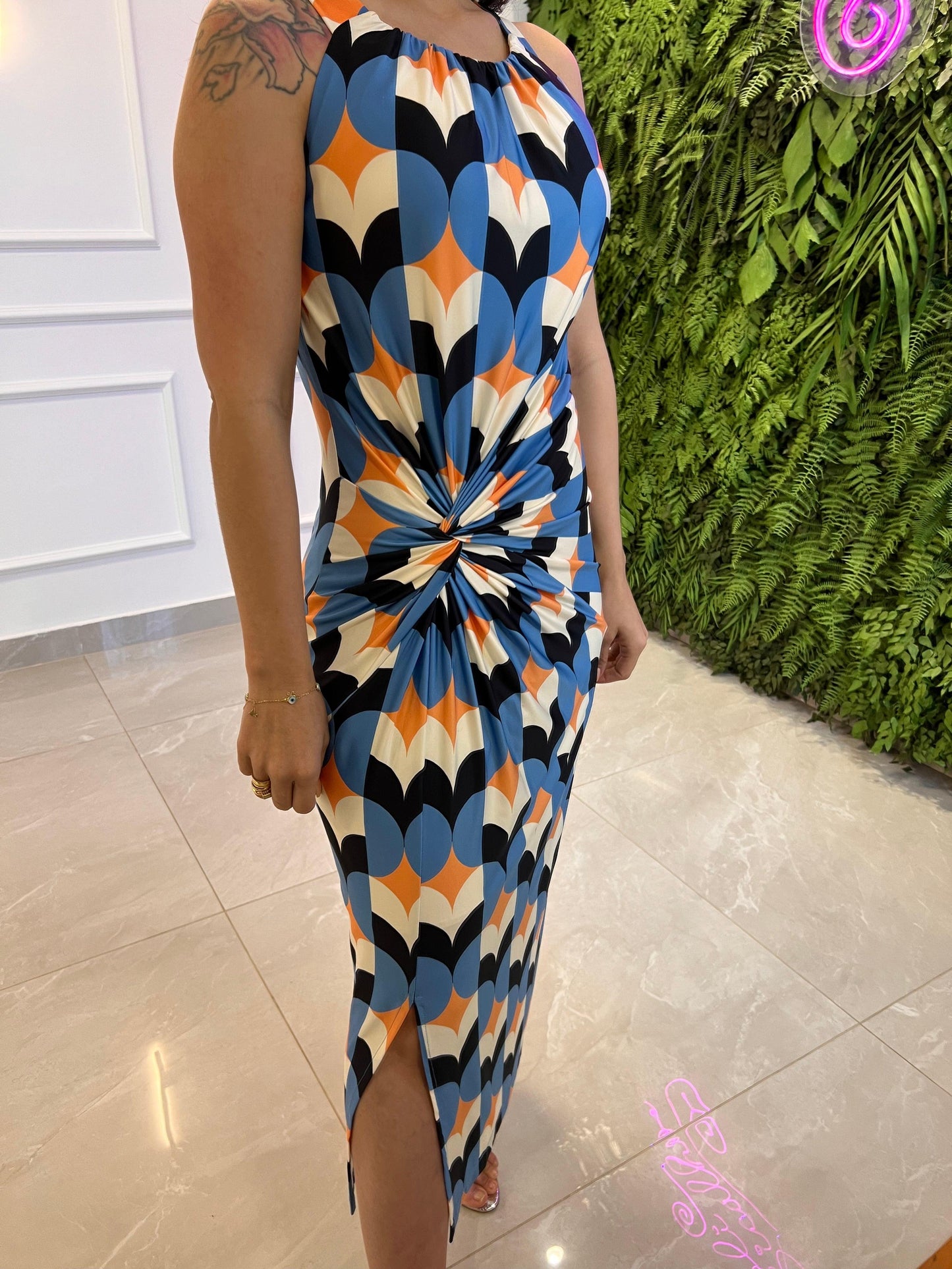 Vestido Midi Jersey Torção Alça Larga- Estampado