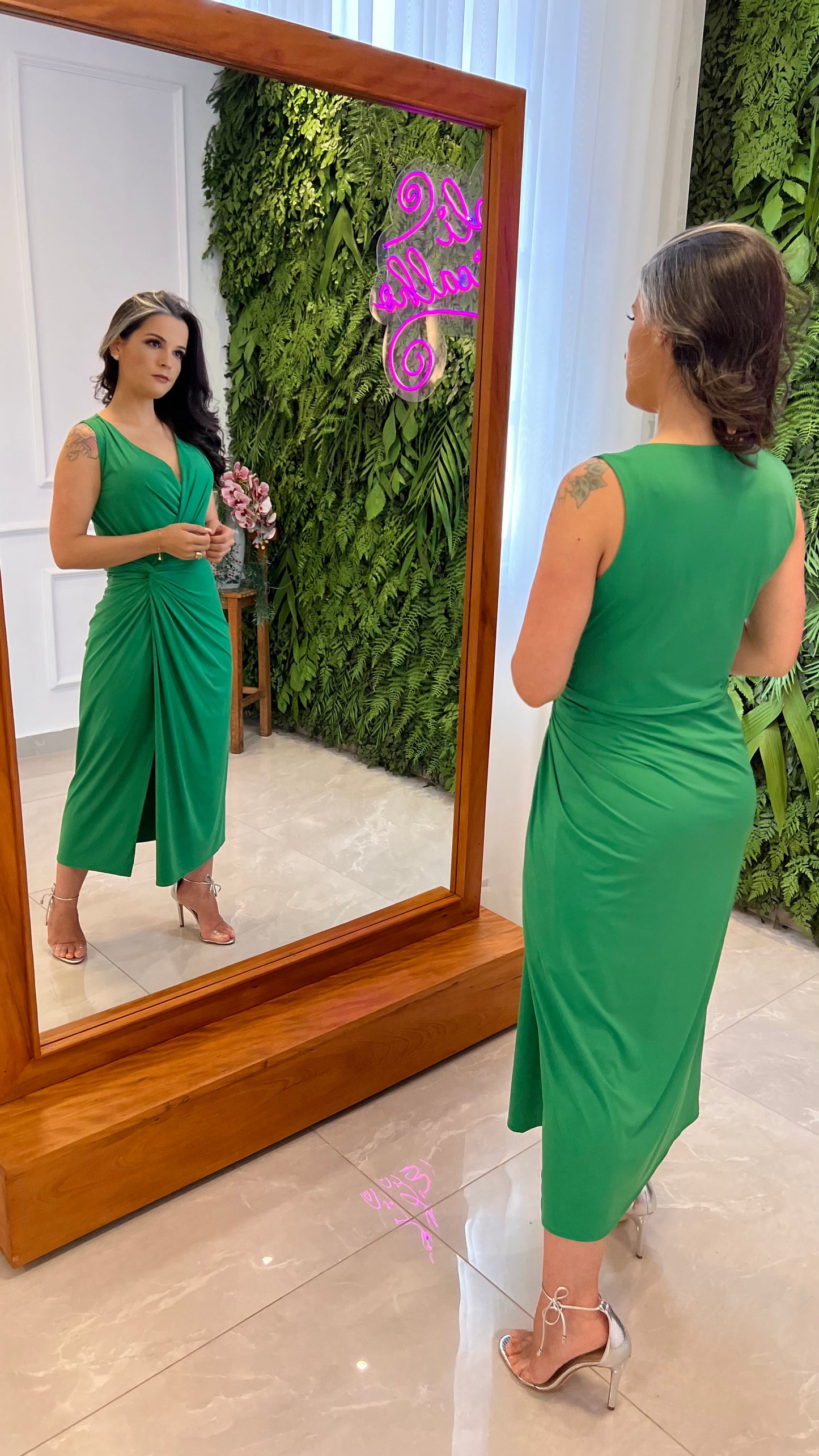 Vestido Midi Jersey Torção Cintura - Verde