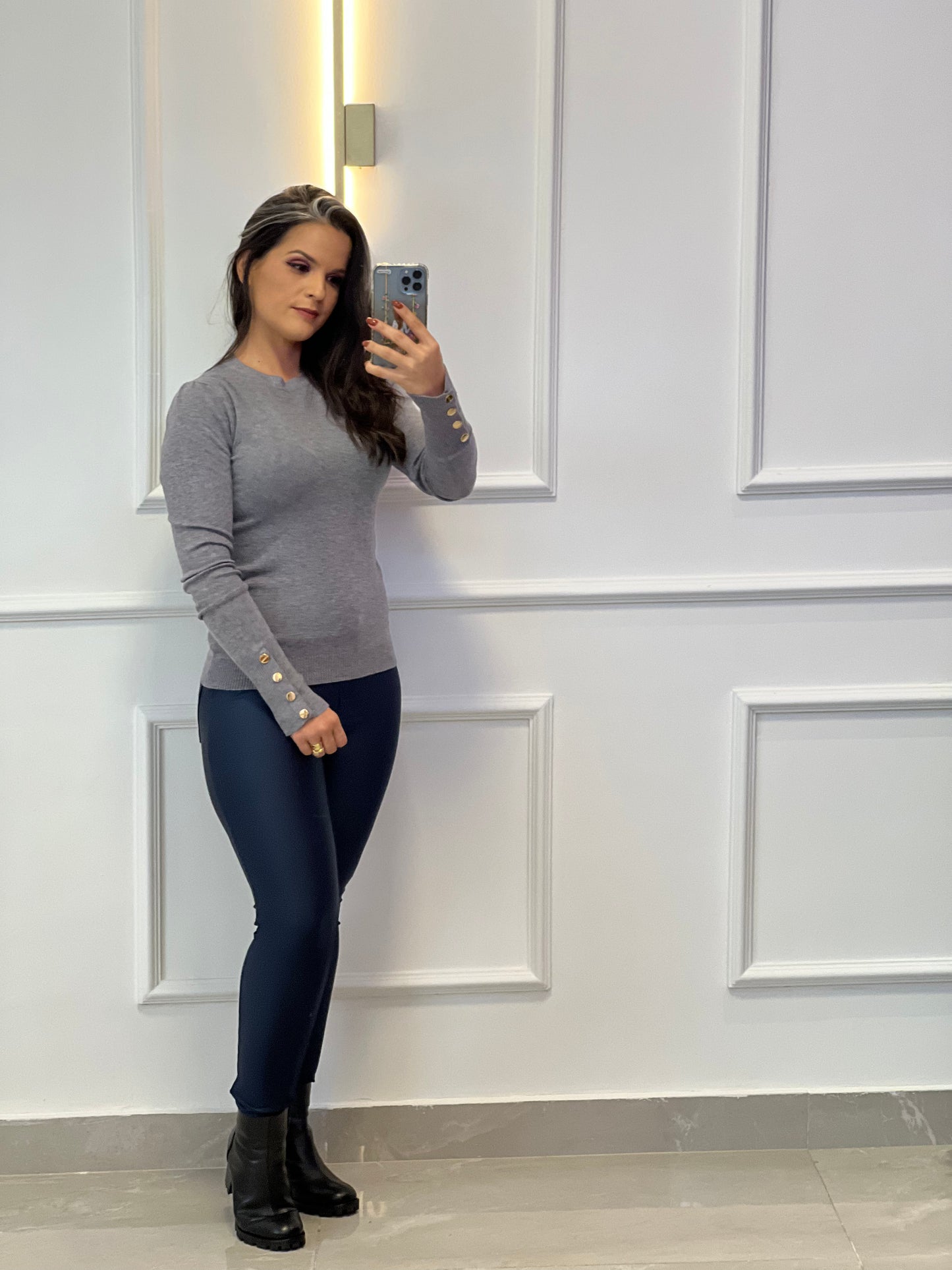 Ribbed Blouse Long Sleeve Buttons Tricot - Gray