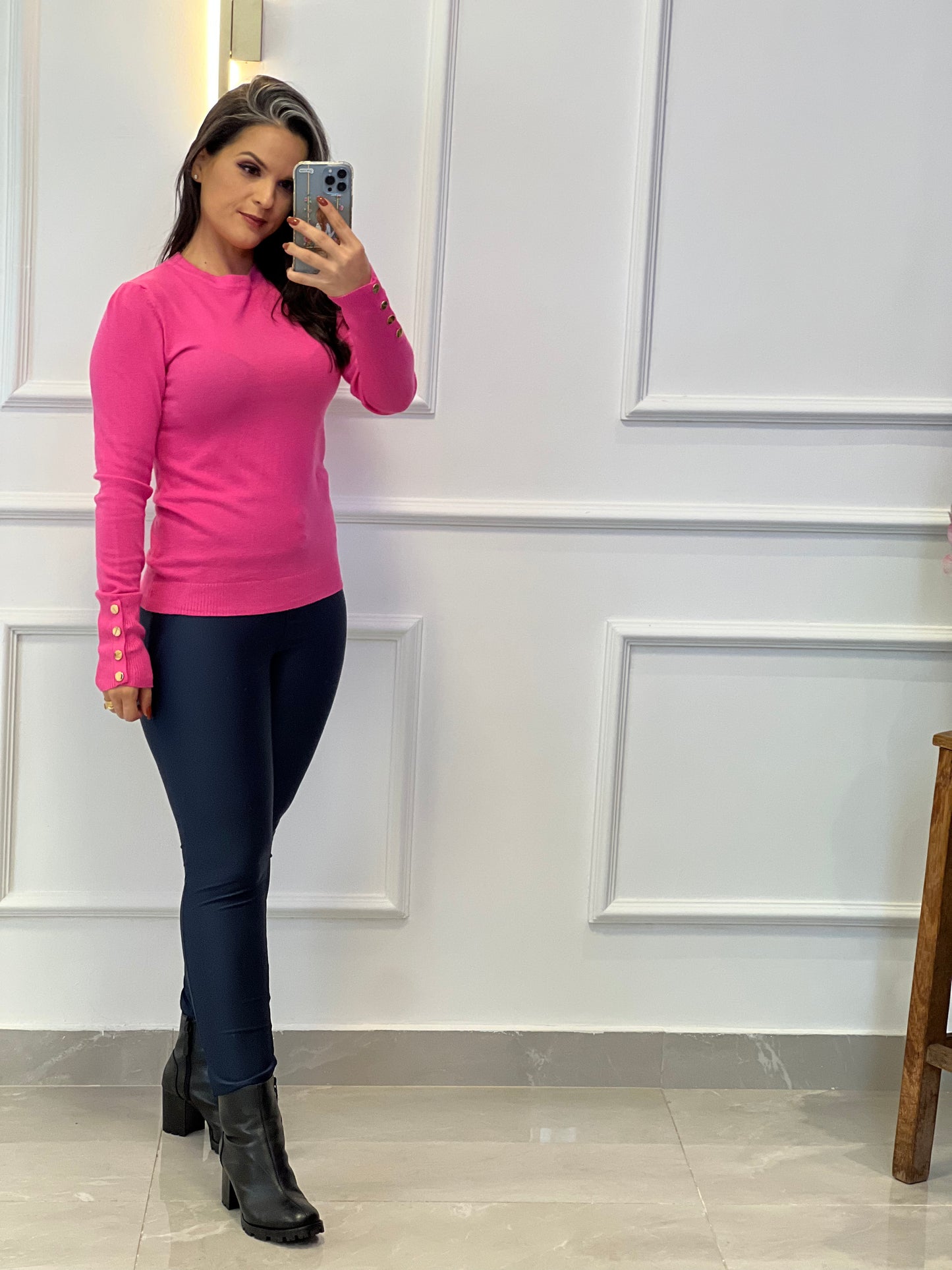 Ribbed Blouse Long Sleeve Buttons Tricot - Pink