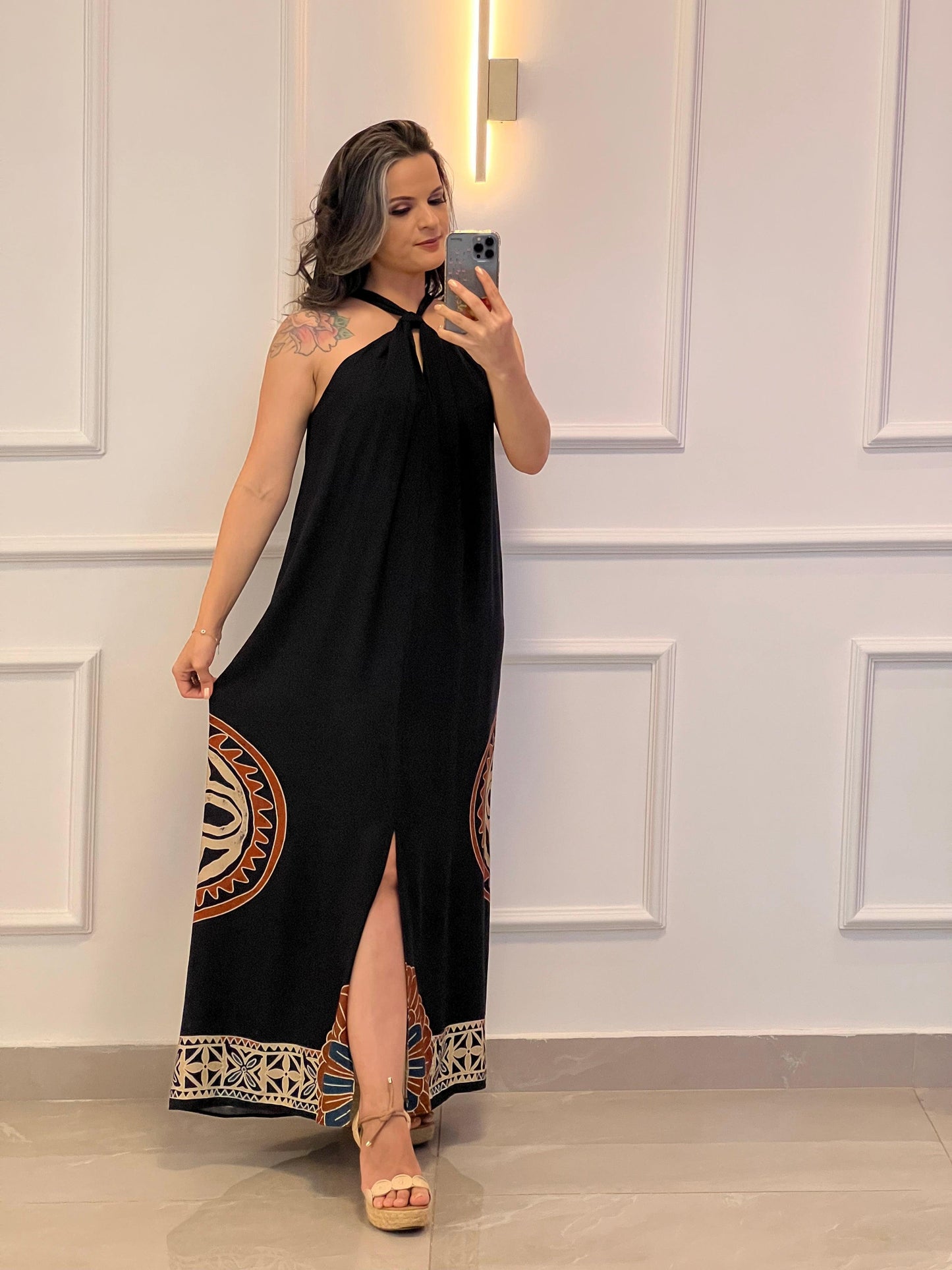 Vestido Longo Tunica Etnica- Preto