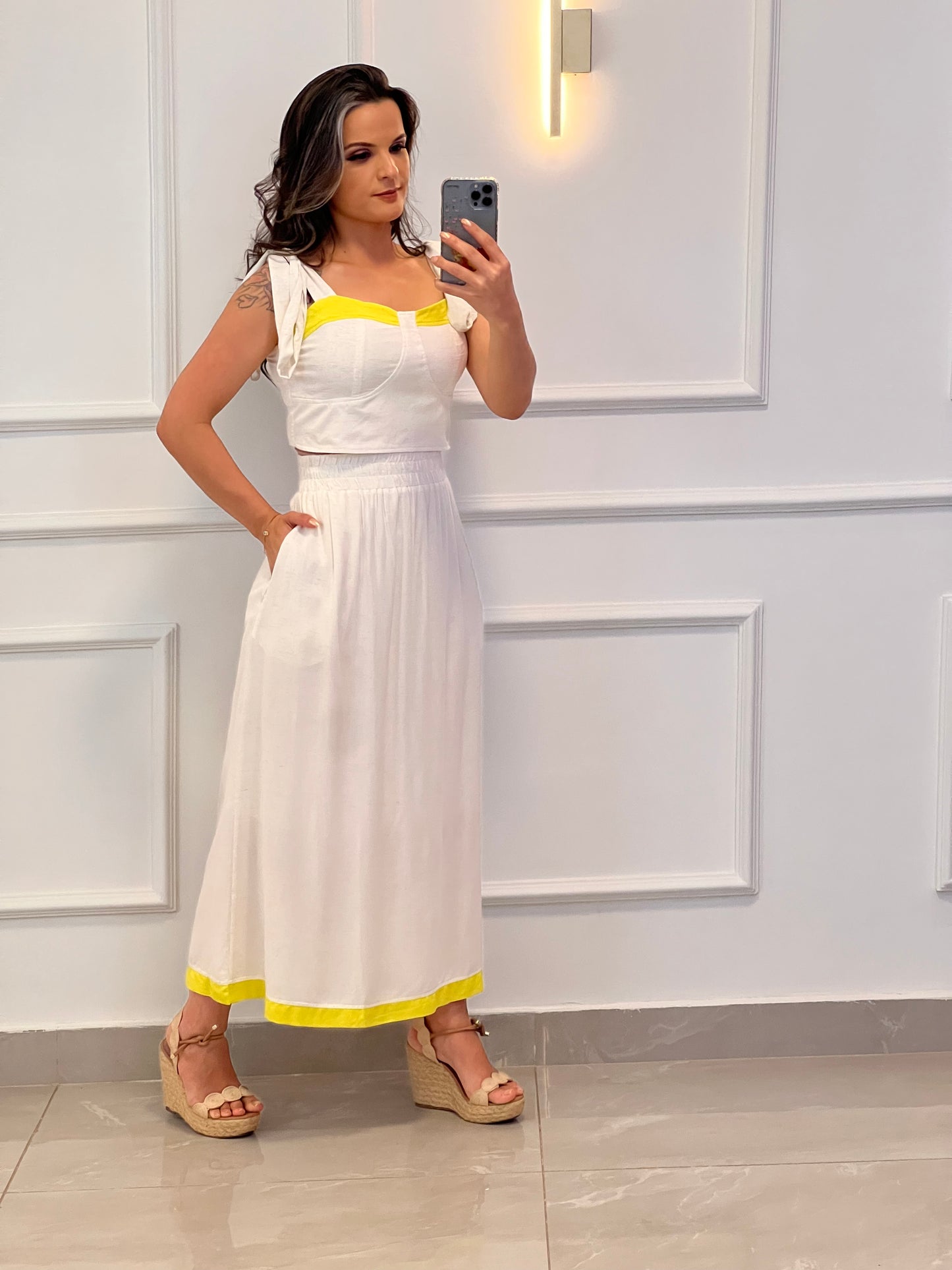 Cropped Tie Shoulder and Skirt Set - Beige