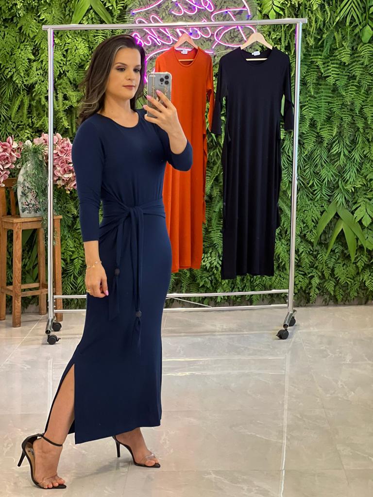 Midi Mesh Dress Ties at the Waist - Navy Blue
